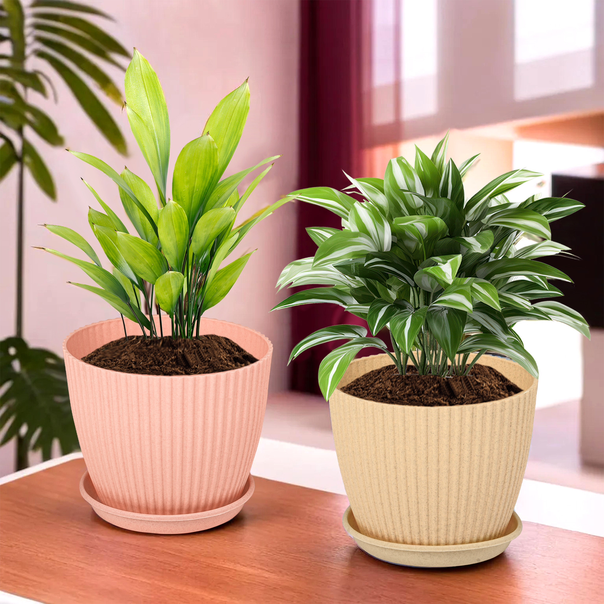 Kuber Industries Flower Pot with Bottom Tray | Flower Container for Living Room | Planters for Home-Lawns & Gardening | Flower Planter for Balcony | Marble Mega | 9 Inch | Beige & Peach
