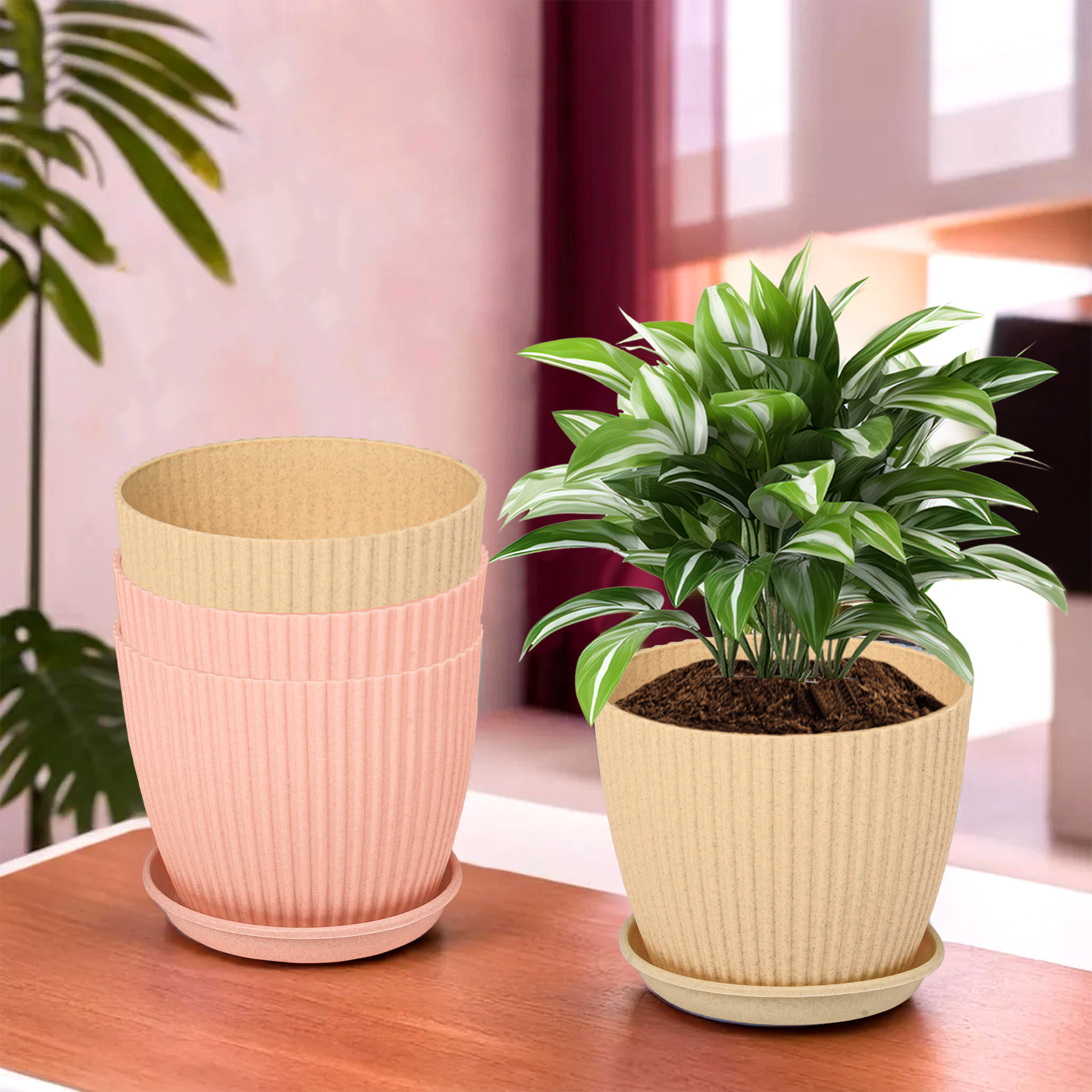 Kuber Industries Flower Pot with Bottom Tray | Flower Container for Living Room | Planters for Home-Lawns & Gardening | Flower Planter for Balcony | Marble Mega | 9 Inch | Beige & Peach