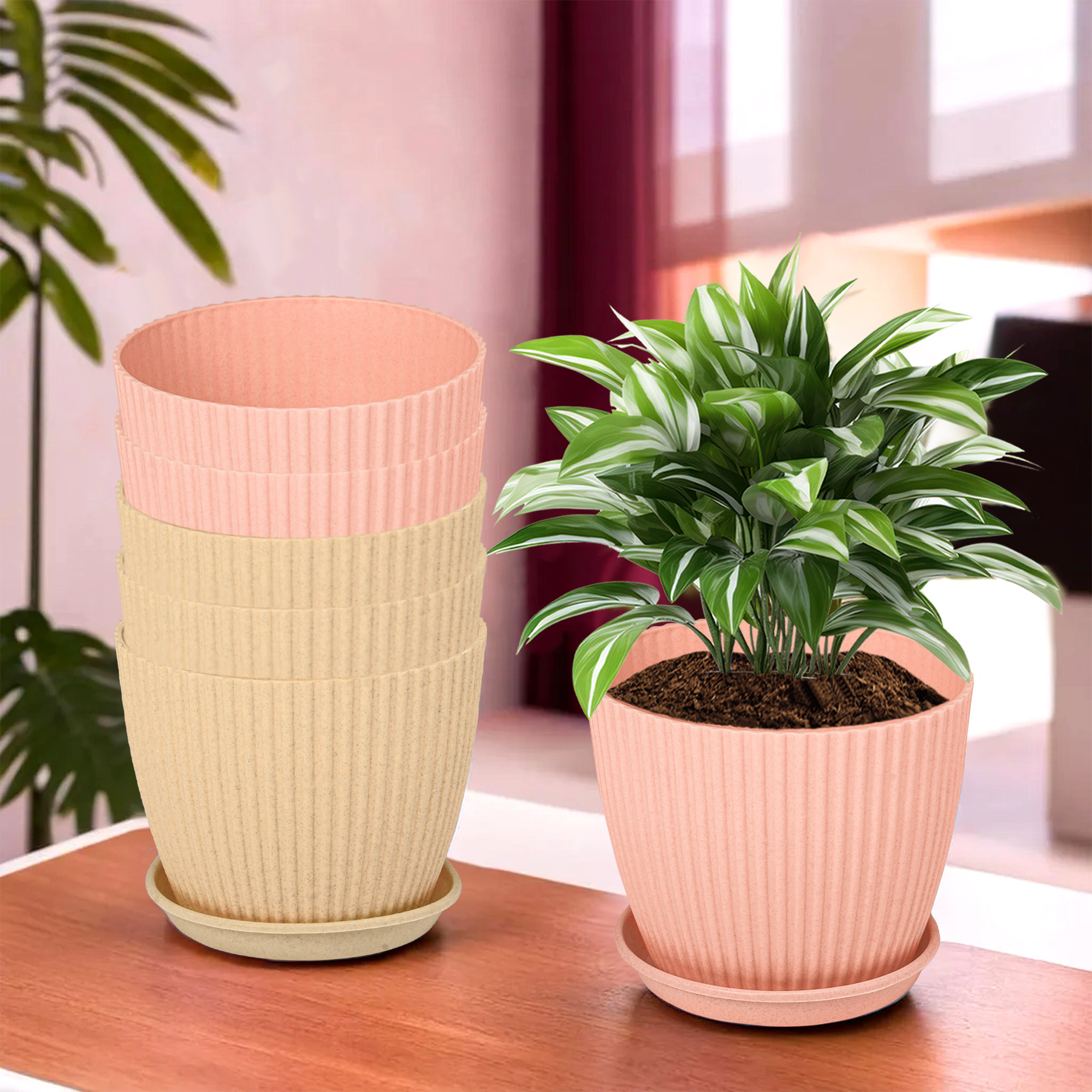 Kuber Industries Flower Pot with Bottom Tray | Flower Container for Living Room | Planters for Home-Lawns & Gardening | Flower Planter for Balcony | Marble Mega | 9 Inch | Beige & Peach