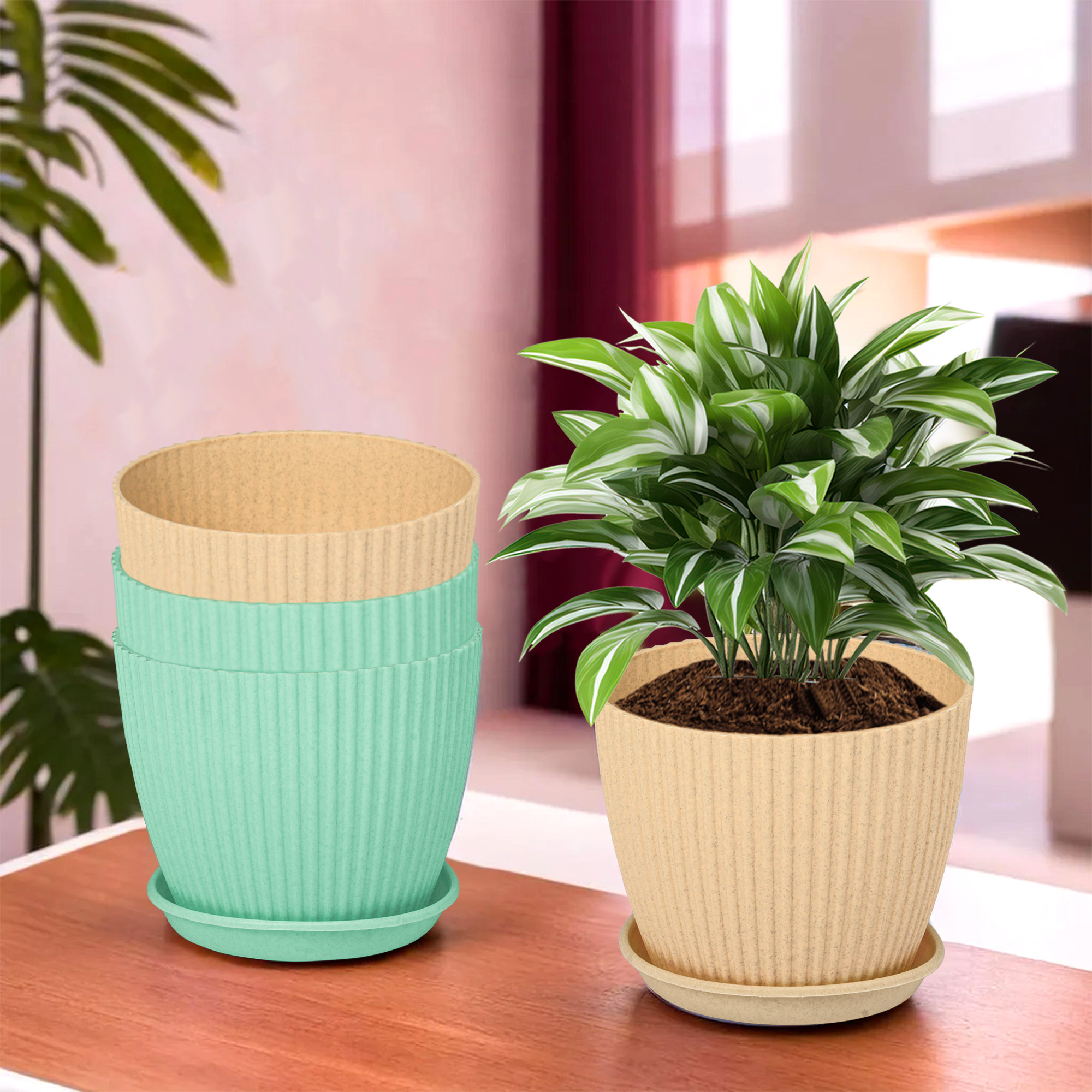 Kuber Industries Flower Pot with Bottom Tray | Flower Container for Living Room | Planters for Home-Lawns & Garden | Flower Planter for Balcony | Marble Mega | 9 Inch | Beige & Mint Green