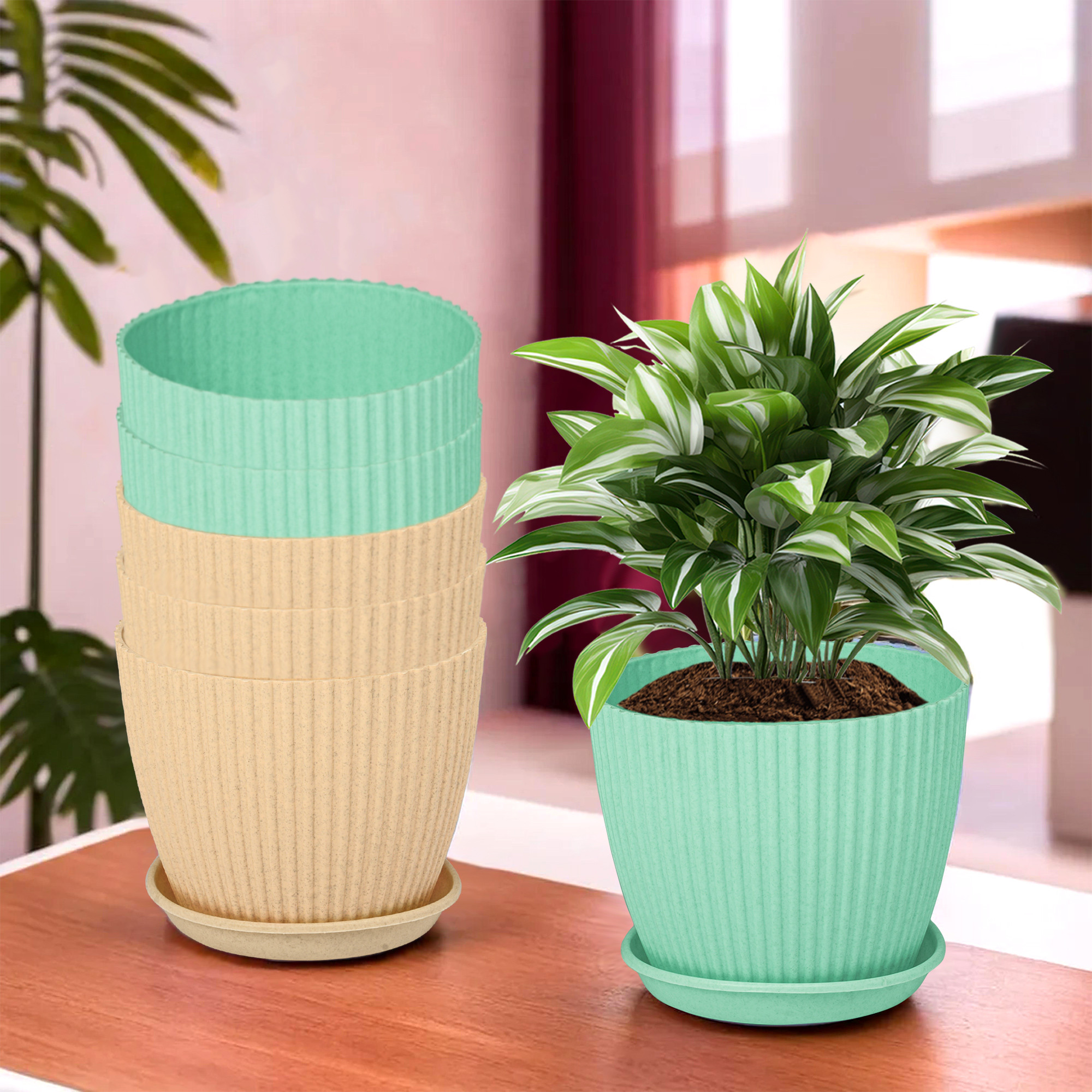 Kuber Industries Flower Pot with Bottom Tray | Flower Container for Living Room | Planters for Home-Lawns & Garden | Flower Planter for Balcony | Marble Mega | 9 Inch | Beige & Mint Green