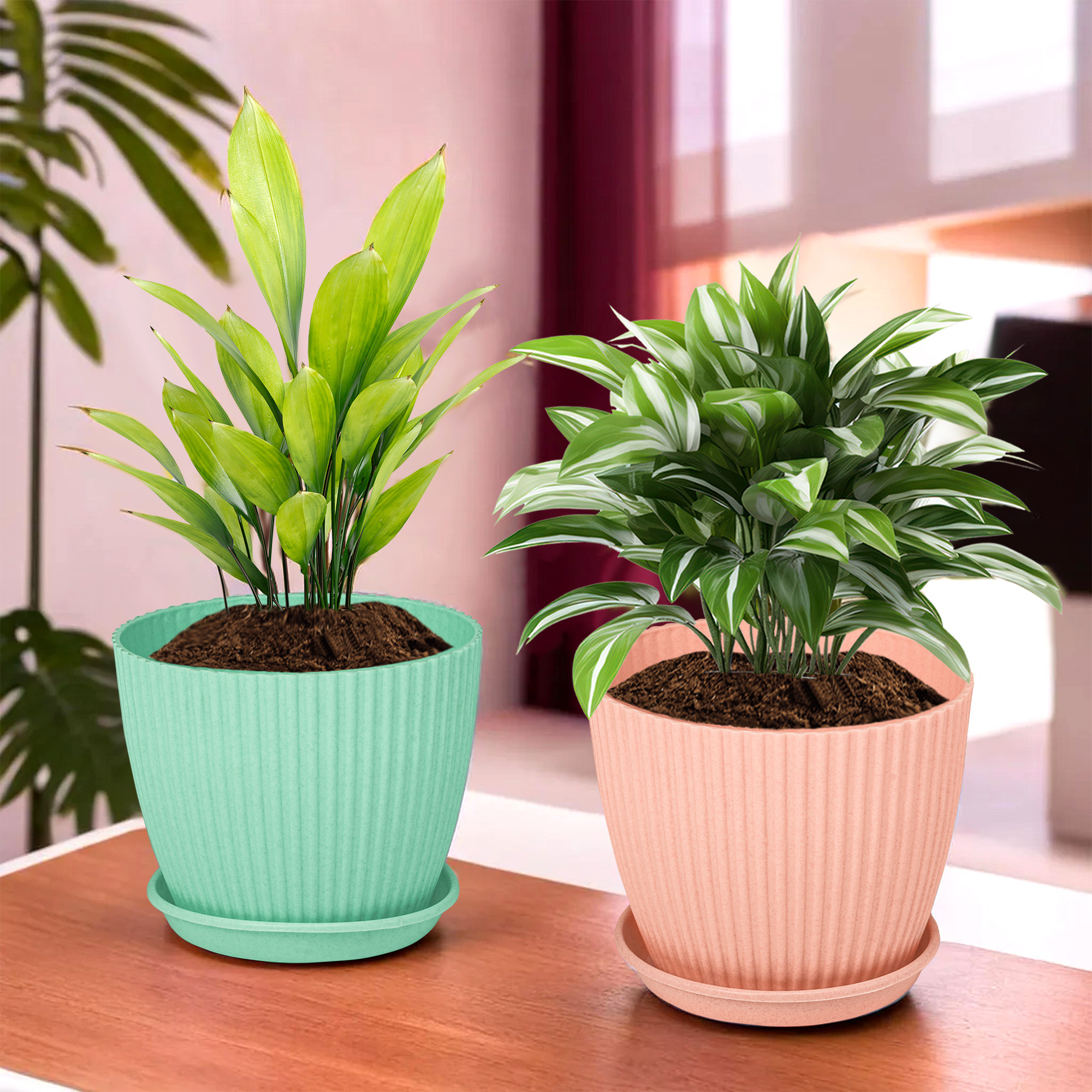 Kuber Industries Flower Pot with Bottom Tray | Flower Container for Living Room | Planters for Home-Lawns & Garden | Flower Planter for Balcony | Marble Mega | 9 Inch | Peach & Mint Green