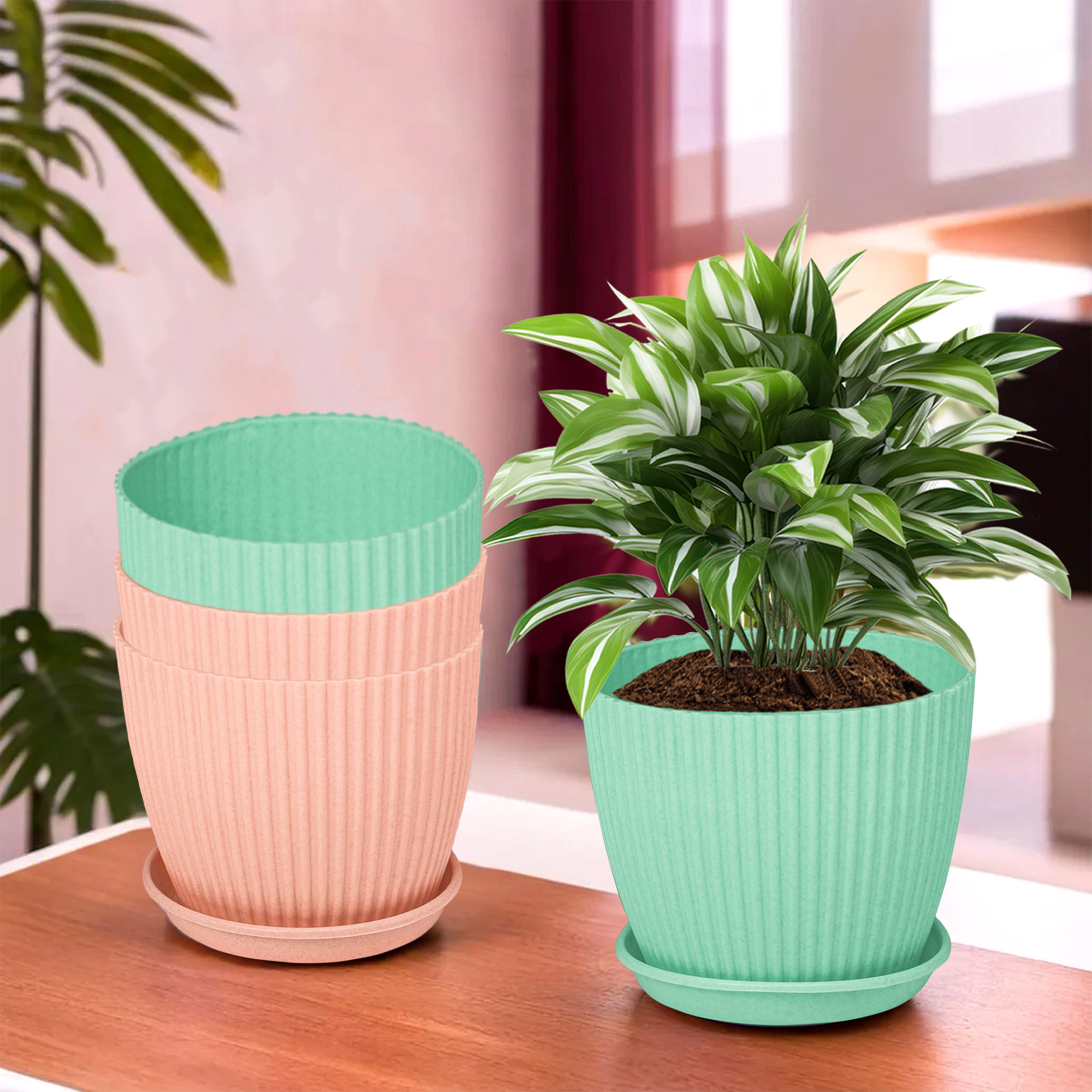 Kuber Industries Flower Pot with Bottom Tray | Flower Container for Living Room | Planters for Home-Lawns & Garden | Flower Planter for Balcony | Marble Mega | 9 Inch | Peach & Mint Green