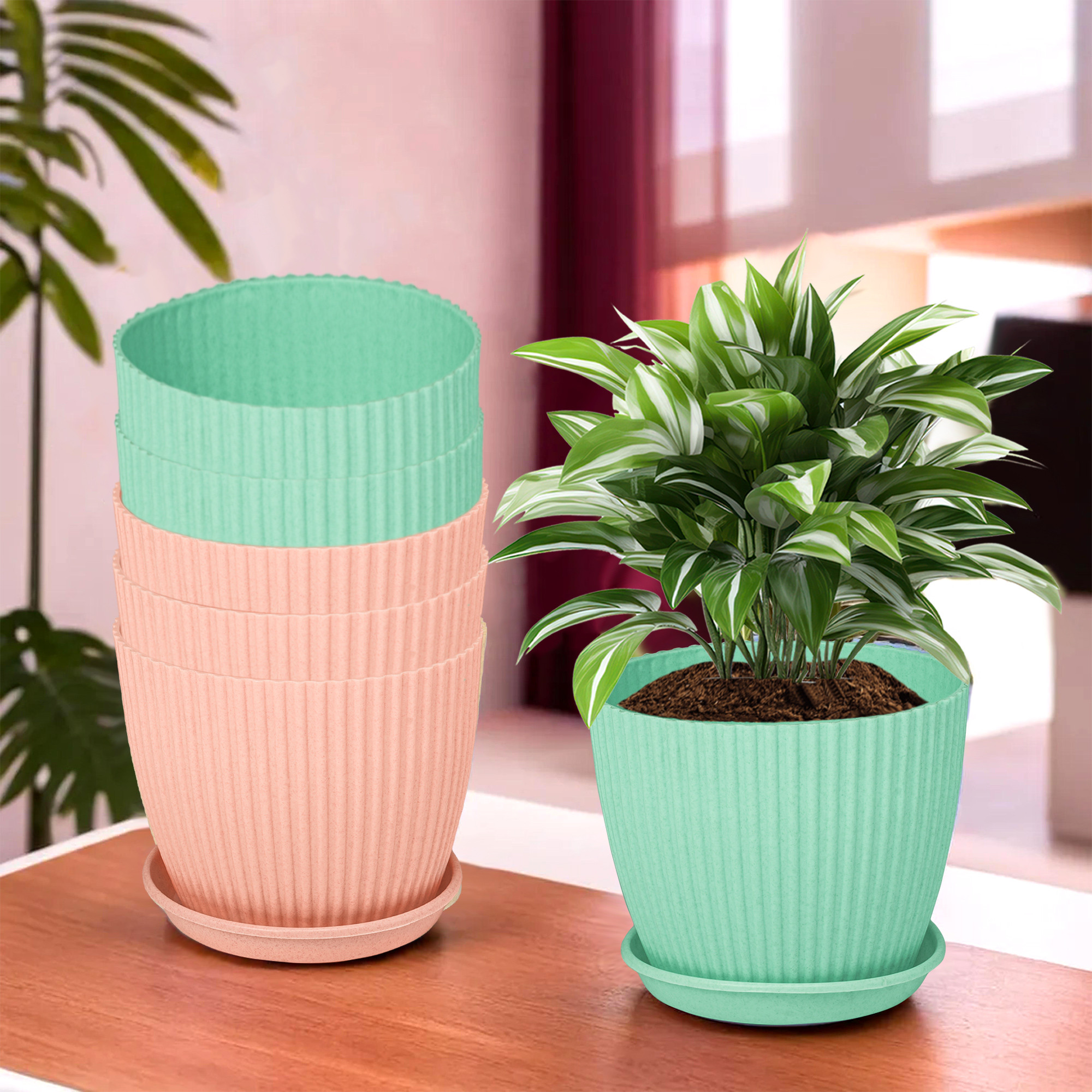 Kuber Industries Flower Pot with Bottom Tray | Flower Container for Living Room | Planters for Home-Lawns & Garden | Flower Planter for Balcony | Marble Mega | 9 Inch | Peach & Mint Green