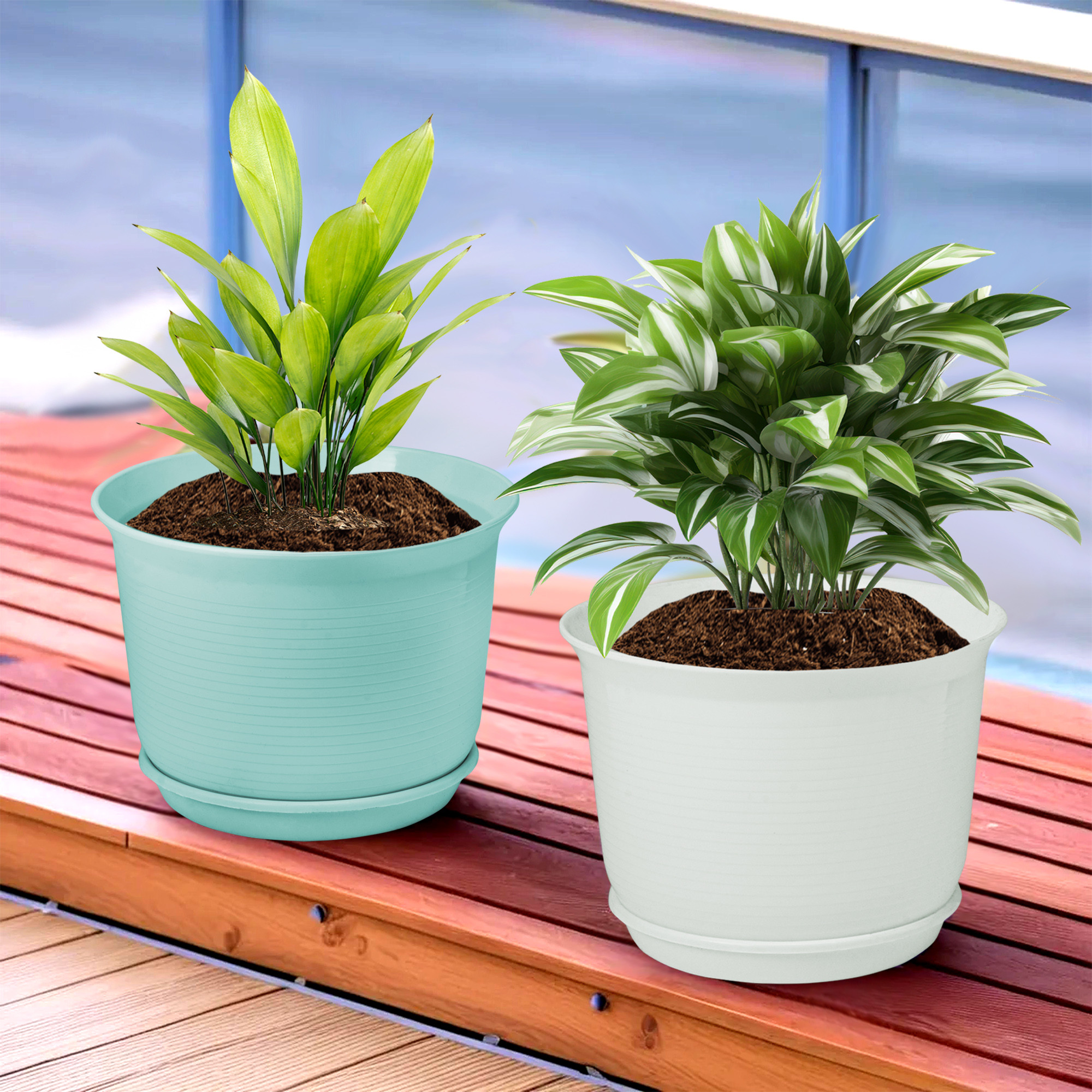 Kuber Industries Flower Pot with Bottom Tray | Flower Planter Pots | Planters for Home-Lawns & Garden | Flower Planter for Balcony | Plain Sawera | 10 Inch | Sky Blue & White