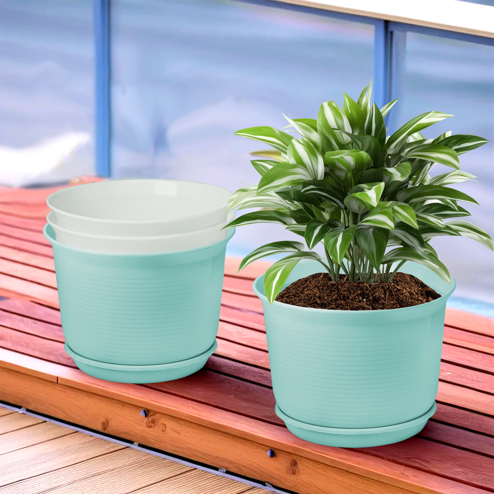 Kuber Industries Flower Pot with Bottom Tray | Flower Planter Pots | Planters for Home-Lawns & Garden | Flower Planter for Balcony | Plain Sawera | 10 Inch | Sky Blue & White