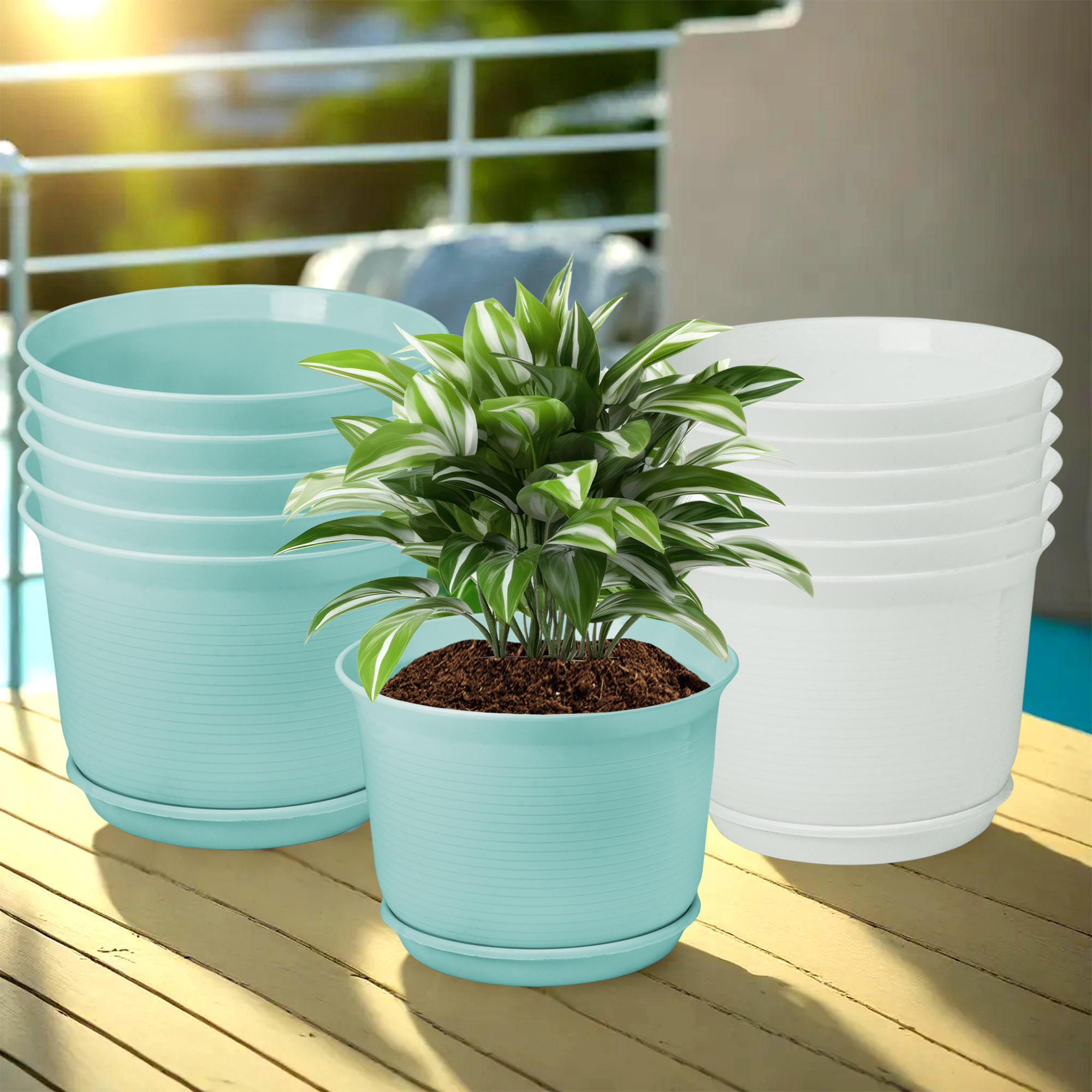 Kuber Industries Flower Pot with Bottom Tray | Flower Planter Pots | Planters for Home-Lawns & Garden | Flower Planter for Balcony | Plain Sawera | 10 Inch | Sky Blue & White