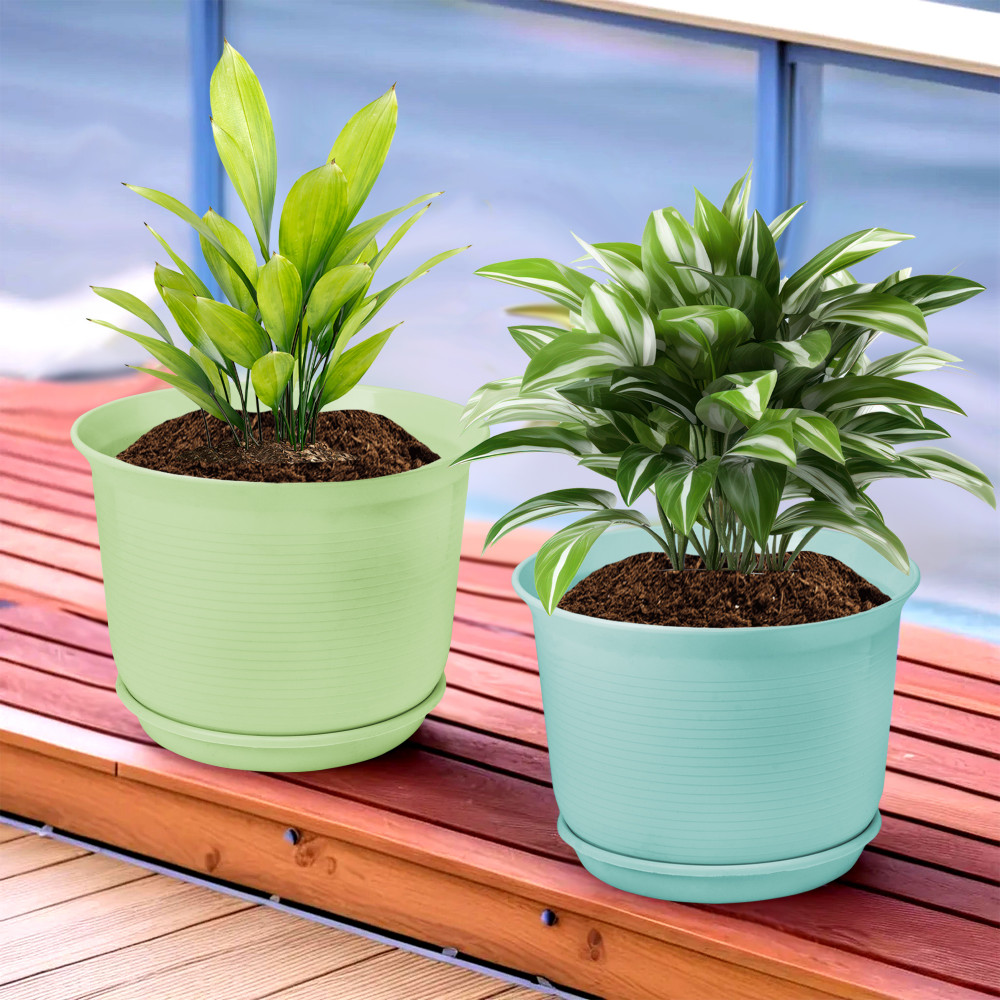 Kuber Industries Flower Pot with Bottom Tray | Flower Planter Pots | Planters for Home-Lawns &amp; Garden | Flower Planter for Balcony | Plain Sawera | 10 Inch | Sky Blue &amp; Light Green