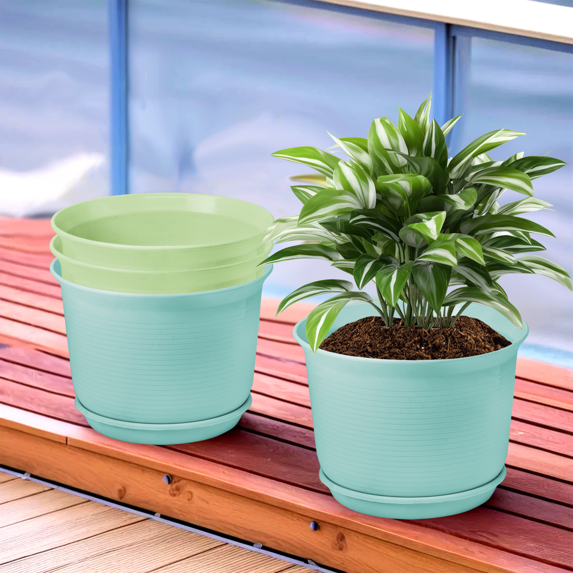 Kuber Industries Flower Pot with Bottom Tray | Flower Planter Pots | Planters for Home-Lawns & Garden | Flower Planter for Balcony | Plain Sawera | 10 Inch | Sky Blue & Light Green