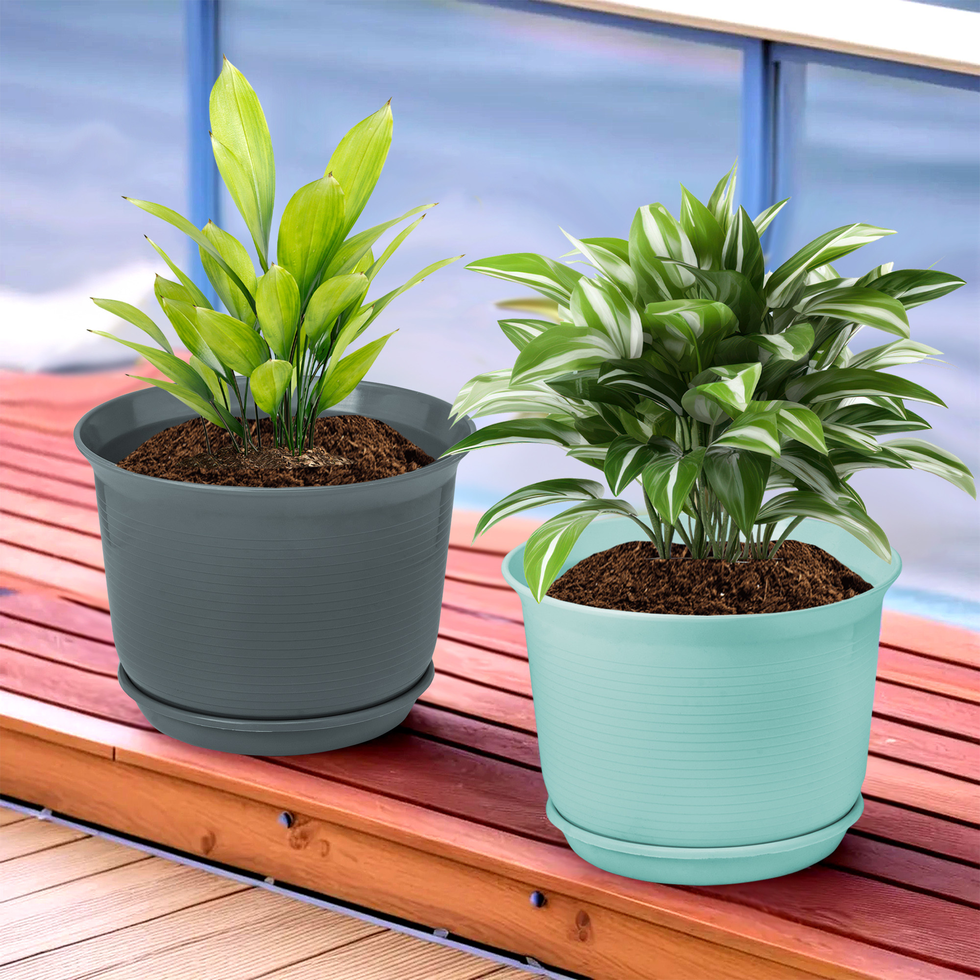 Kuber Industries Flower Pot with Bottom Tray | Flower Planter Pots | Planters for Home-Lawns & Garden | Flower Planter for Balcony | Plain Sawera | 10 Inch | Sky Blue & Gray