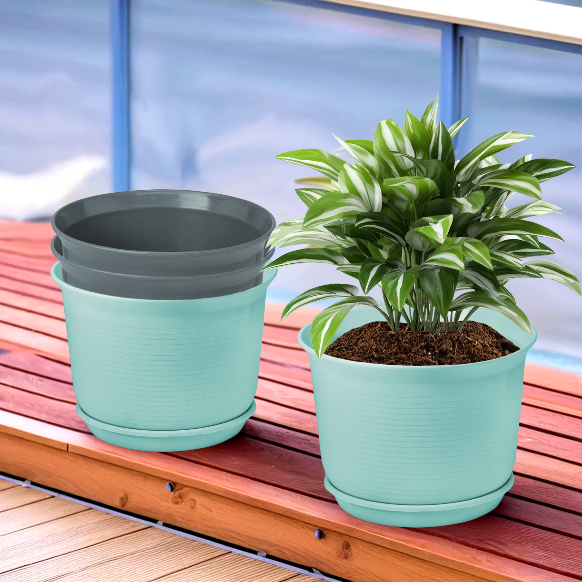 Kuber Industries Flower Pot with Bottom Tray | Flower Planter Pots | Planters for Home-Lawns & Garden | Flower Planter for Balcony | Plain Sawera | 10 Inch | Sky Blue & Gray
