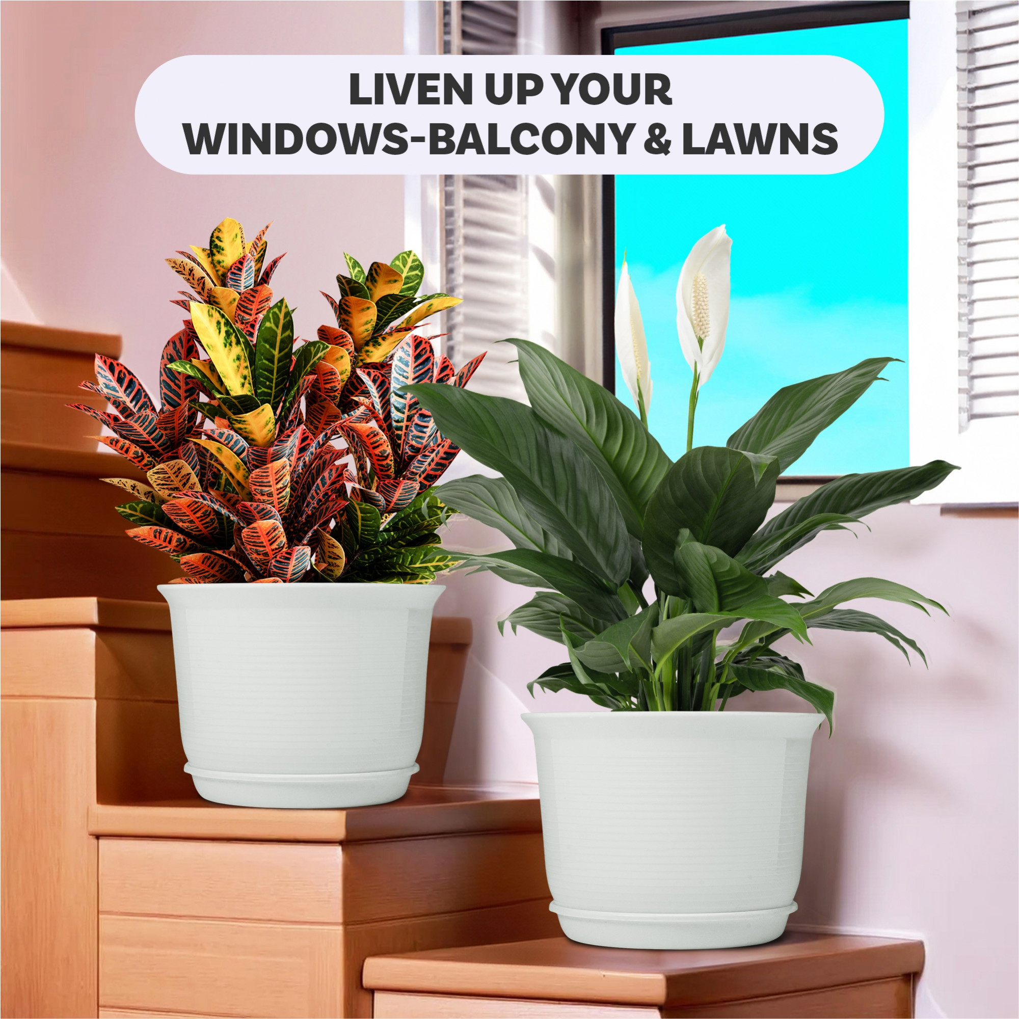 Kuber Industries Flower Pot with Bottom Tray | Flower Planter Pots | Planters for Home-Lawns & Garden | Flower Planter for Balcony | Plain Sawera | 10 Inch | White & Light Green