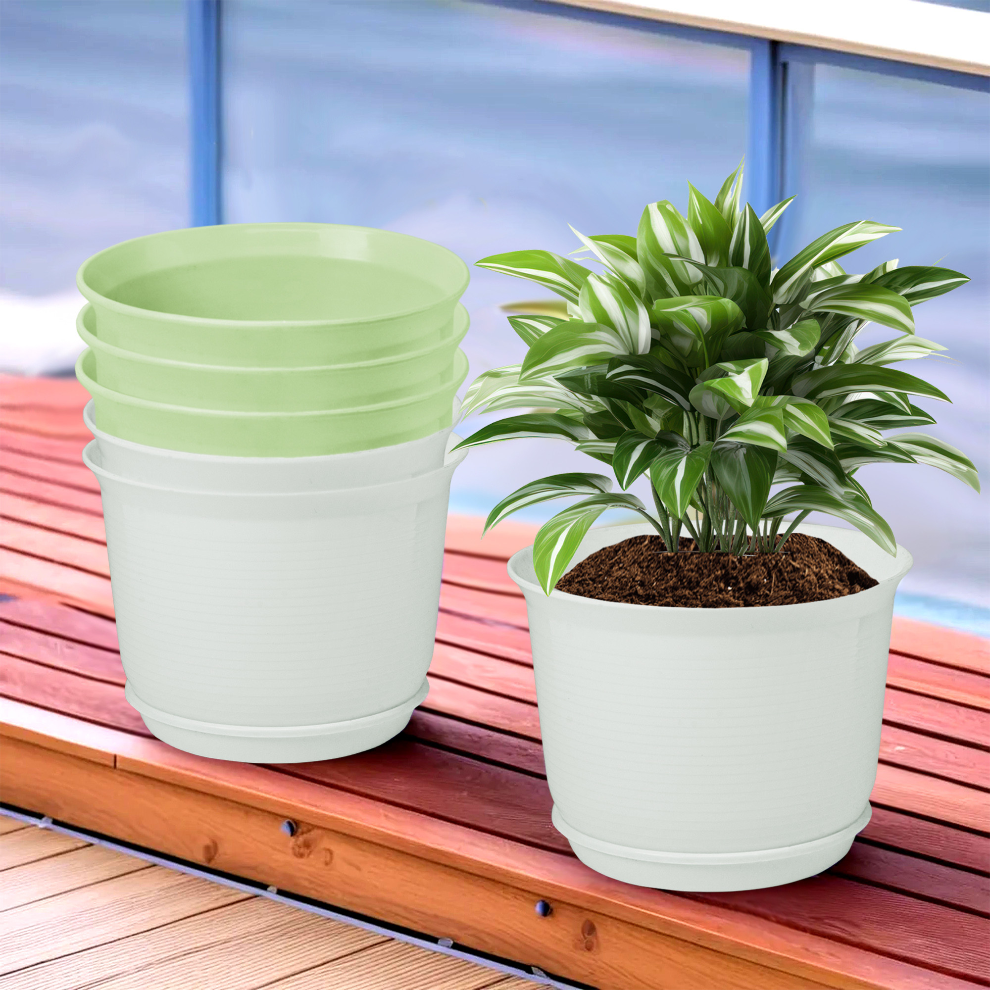 Kuber Industries Flower Pot with Bottom Tray | Flower Planter Pots | Planters for Home-Lawns & Garden | Flower Planter for Balcony | Plain Sawera | 10 Inch | White & Light Green