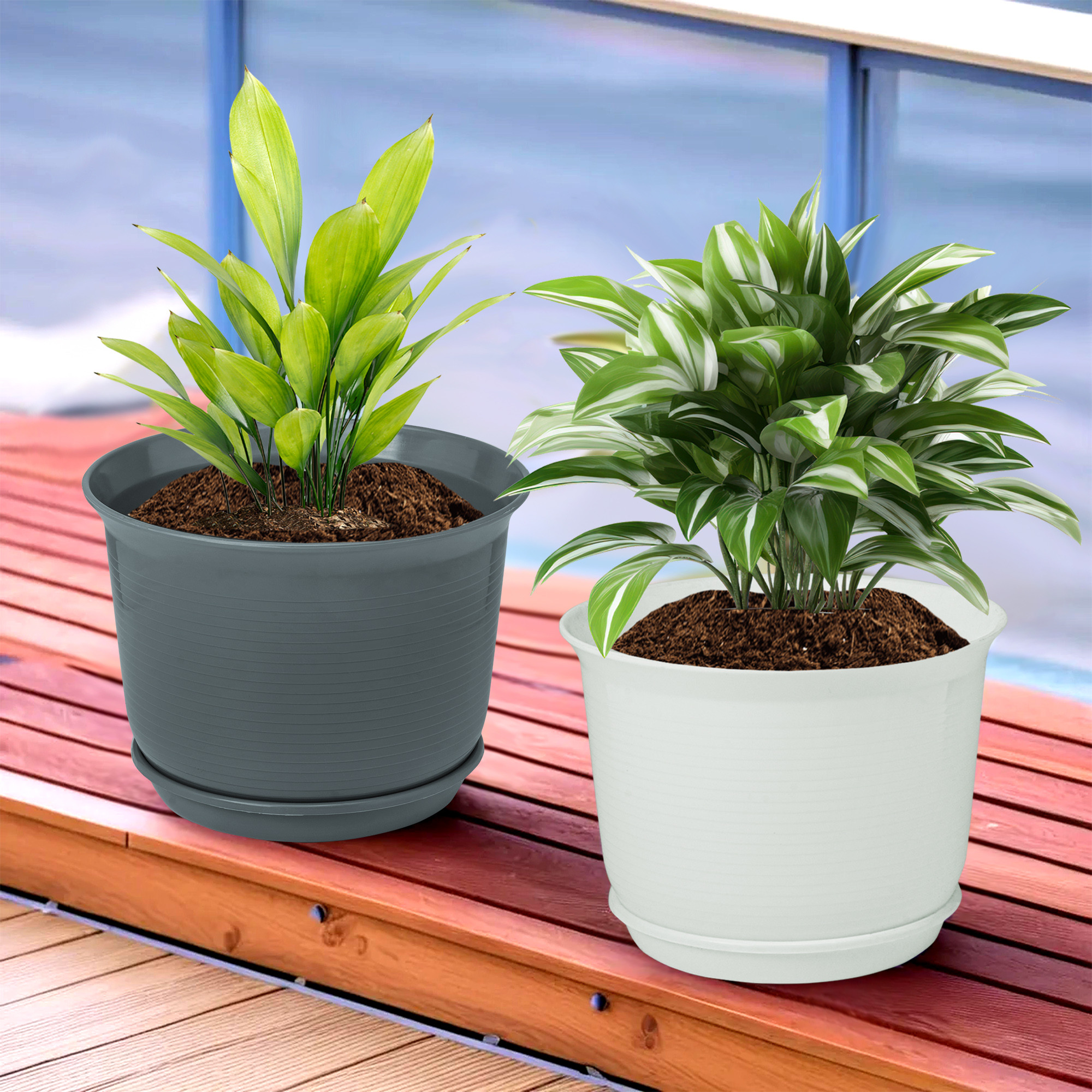 Kuber Industries Flower Pot with Bottom Tray | Flower Planter Pots | Planters for Home-Lawns & Garden | Flower Planter for Balcony | Plain Sawera | 10 Inch | White & Gray