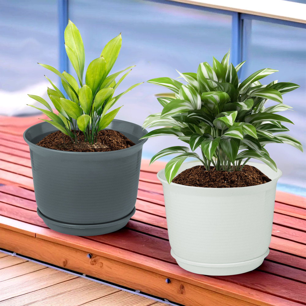 Kuber Industries Flower Pot with Bottom Tray | Flower Planter Pots | Planters for Home-Lawns &amp; Garden | Flower Planter for Balcony | Plain Sawera | 10 Inch | White &amp; Gray