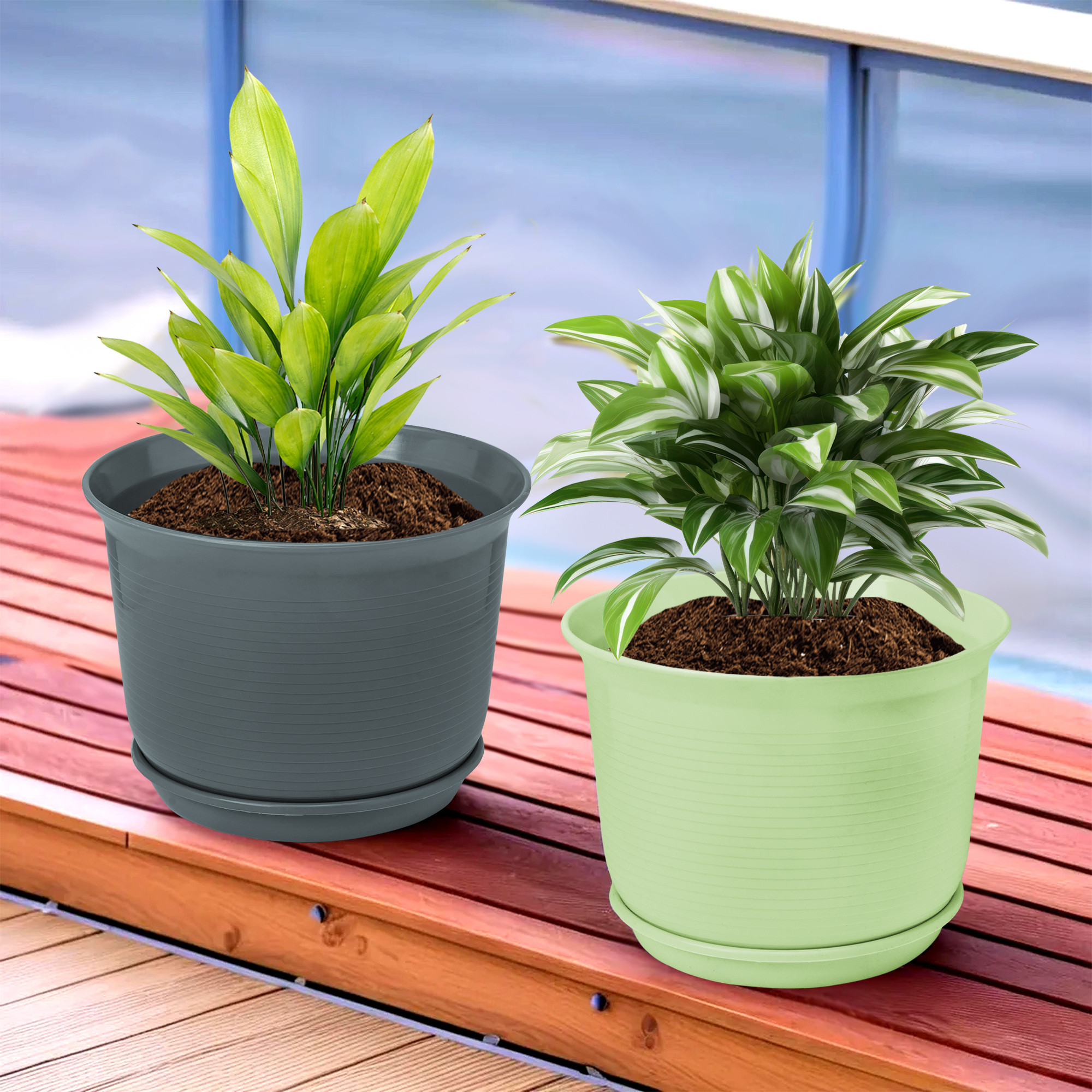 Kuber Industries Flower Pot with Bottom Tray | Flower Planter Pots | Planters for Home-Lawns & Garden | Flower Planter for Balcony | Plain Sawera | 10 Inch | Light Green & Gray