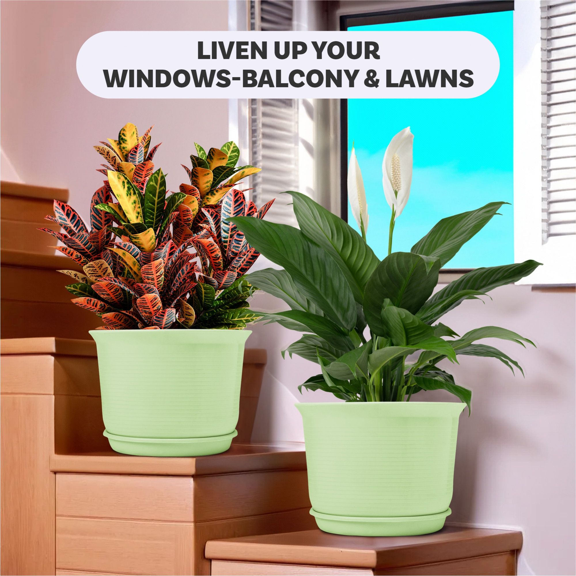 Kuber Industries Flower Pot with Bottom Tray | Flower Planter Pots | Planters for Home-Lawns & Garden | Flower Planter for Balcony | Plain Sawera | 10 Inch | Light Green & Gray