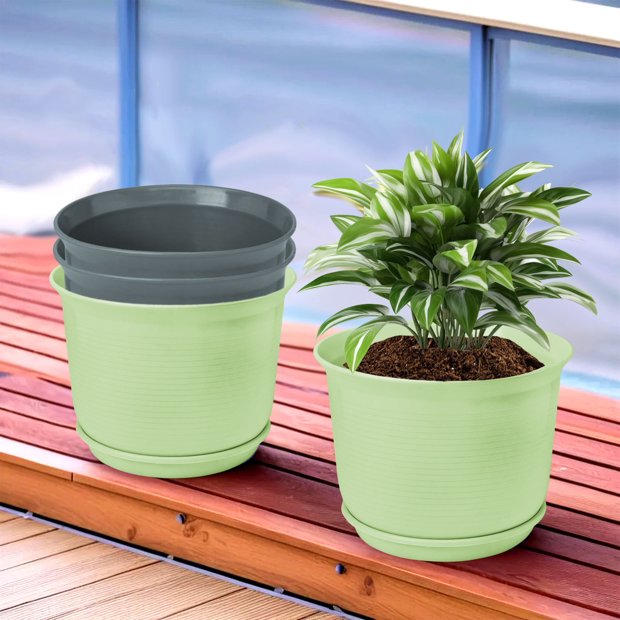 Kuber Industries Flower Pot with Bottom Tray | Flower Planter Pots | Planters for Home-Lawns & Garden | Flower Planter for Balcony | Plain Sawera | 10 Inch | Light Green & Gray