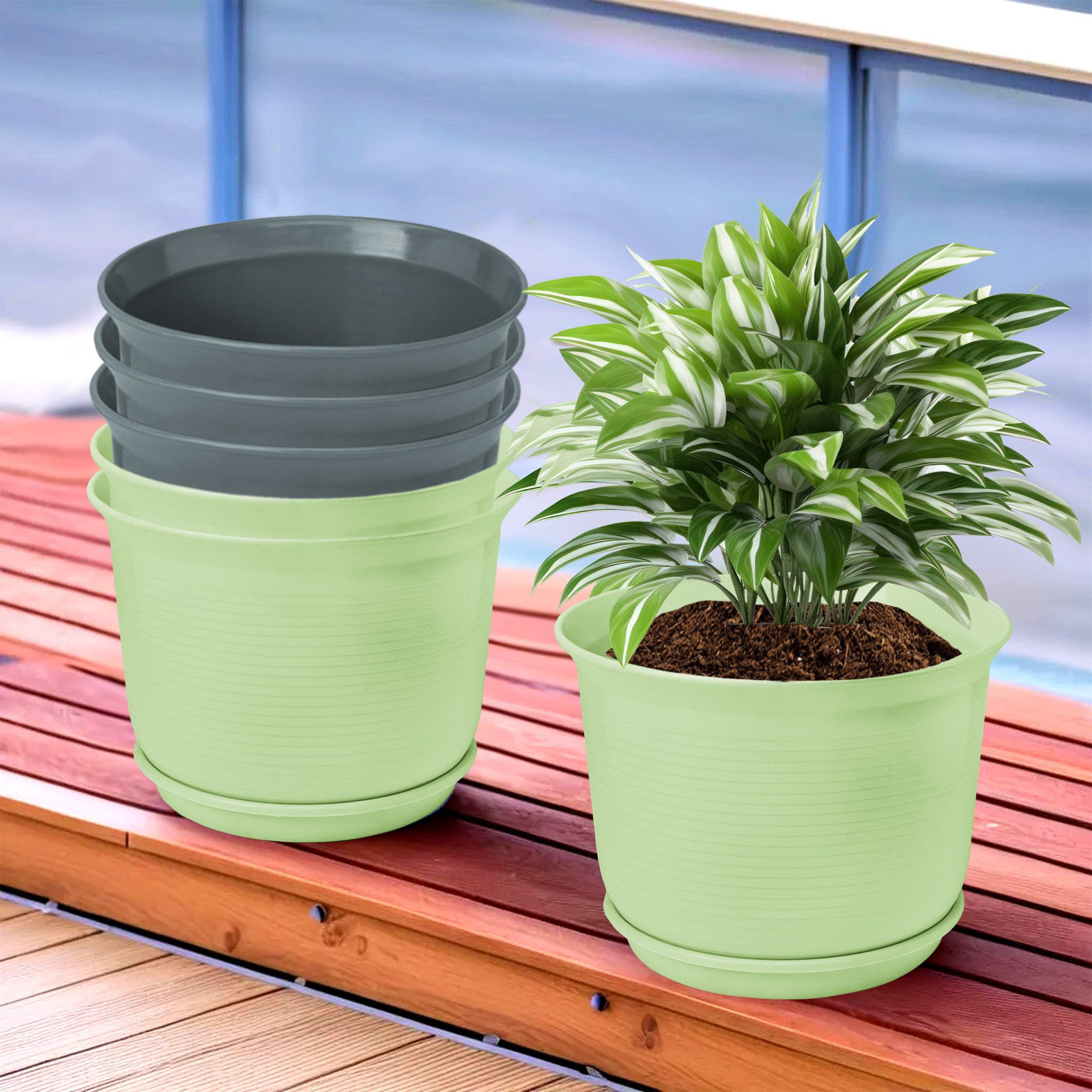 Kuber Industries Flower Pot with Bottom Tray | Flower Planter Pots | Planters for Home-Lawns & Garden | Flower Planter for Balcony | Plain Sawera | 10 Inch | Light Green & Gray