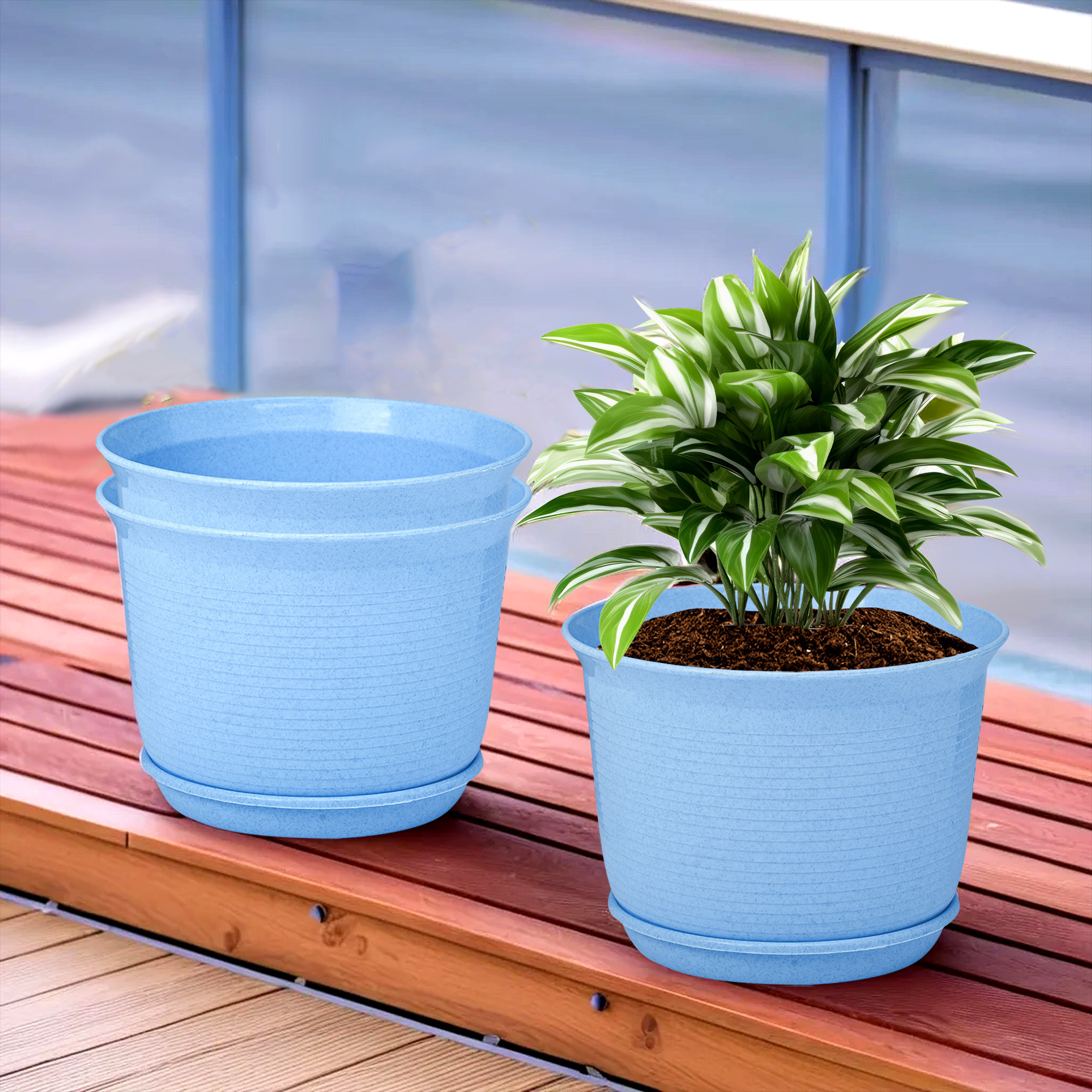 Kuber Industries Flower Pot with Bottom Tray | Flower Pot for Living Room | Planters for Home-Lawns & Gardening | Flower Planter for Balcony | Marble Sawera | 10 Inch | Blue