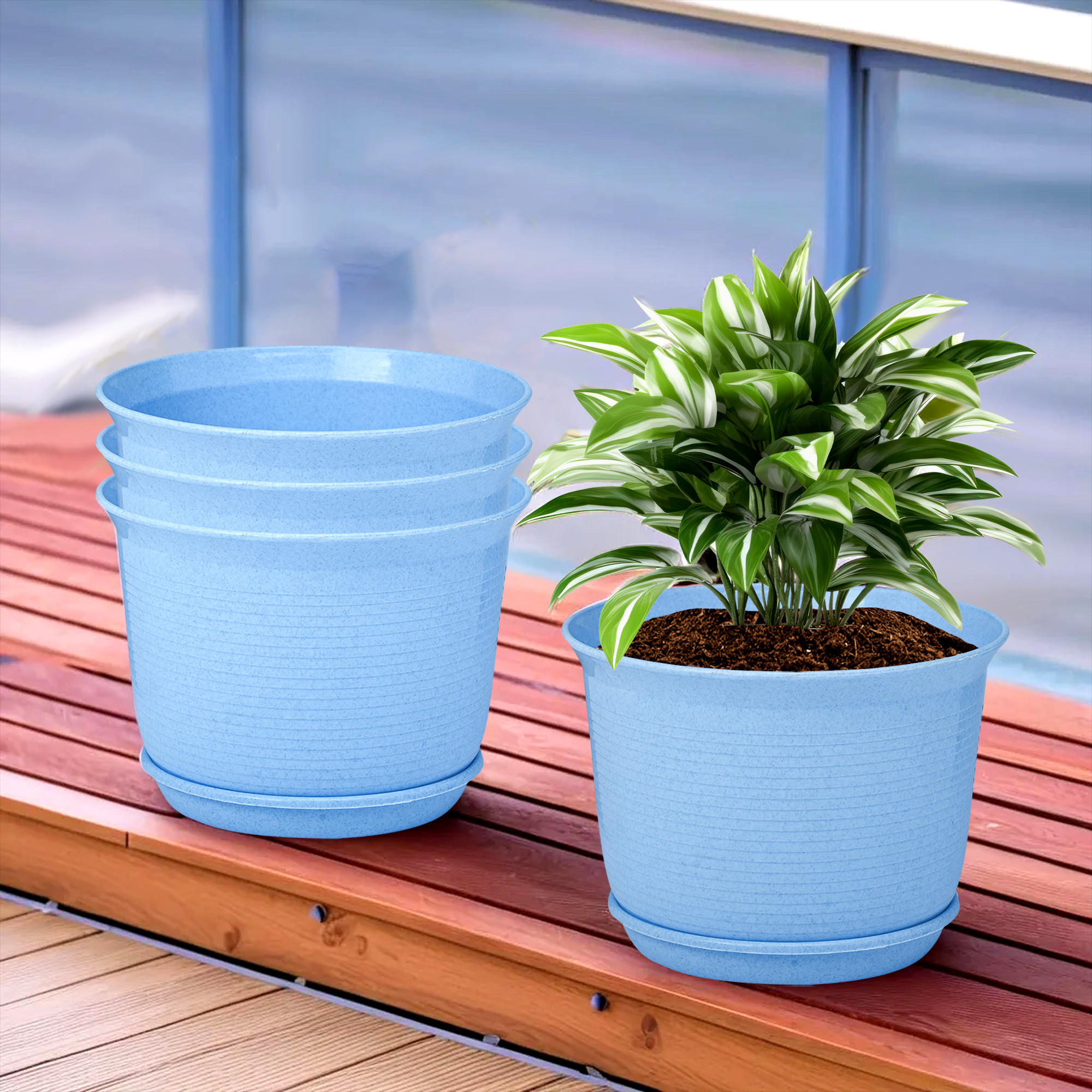 Kuber Industries Flower Pot with Bottom Tray | Flower Pot for Living Room | Planters for Home-Lawns & Gardening | Flower Planter for Balcony | Marble Sawera | 10 Inch | Blue