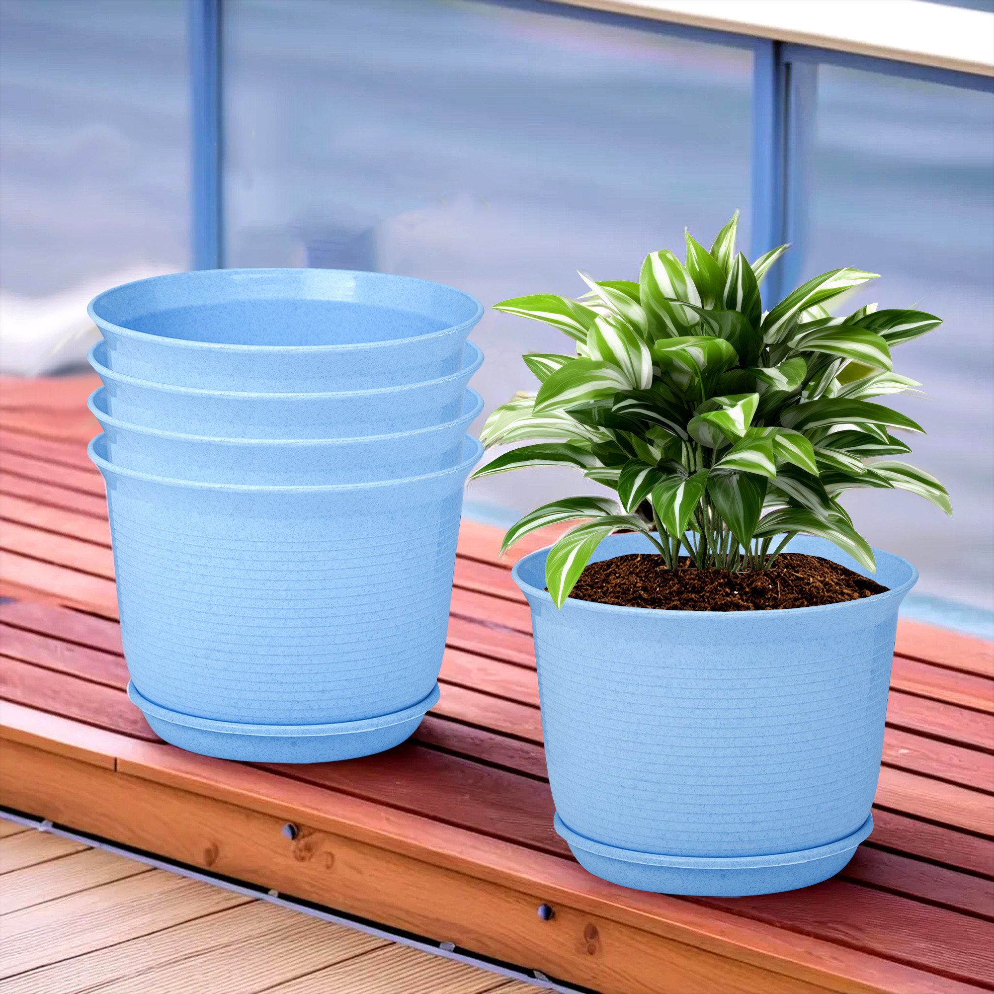 Kuber Industries Flower Pot with Bottom Tray | Flower Pot for Living Room | Planters for Home-Lawns & Gardening | Flower Planter for Balcony | Marble Sawera | 10 Inch | Blue