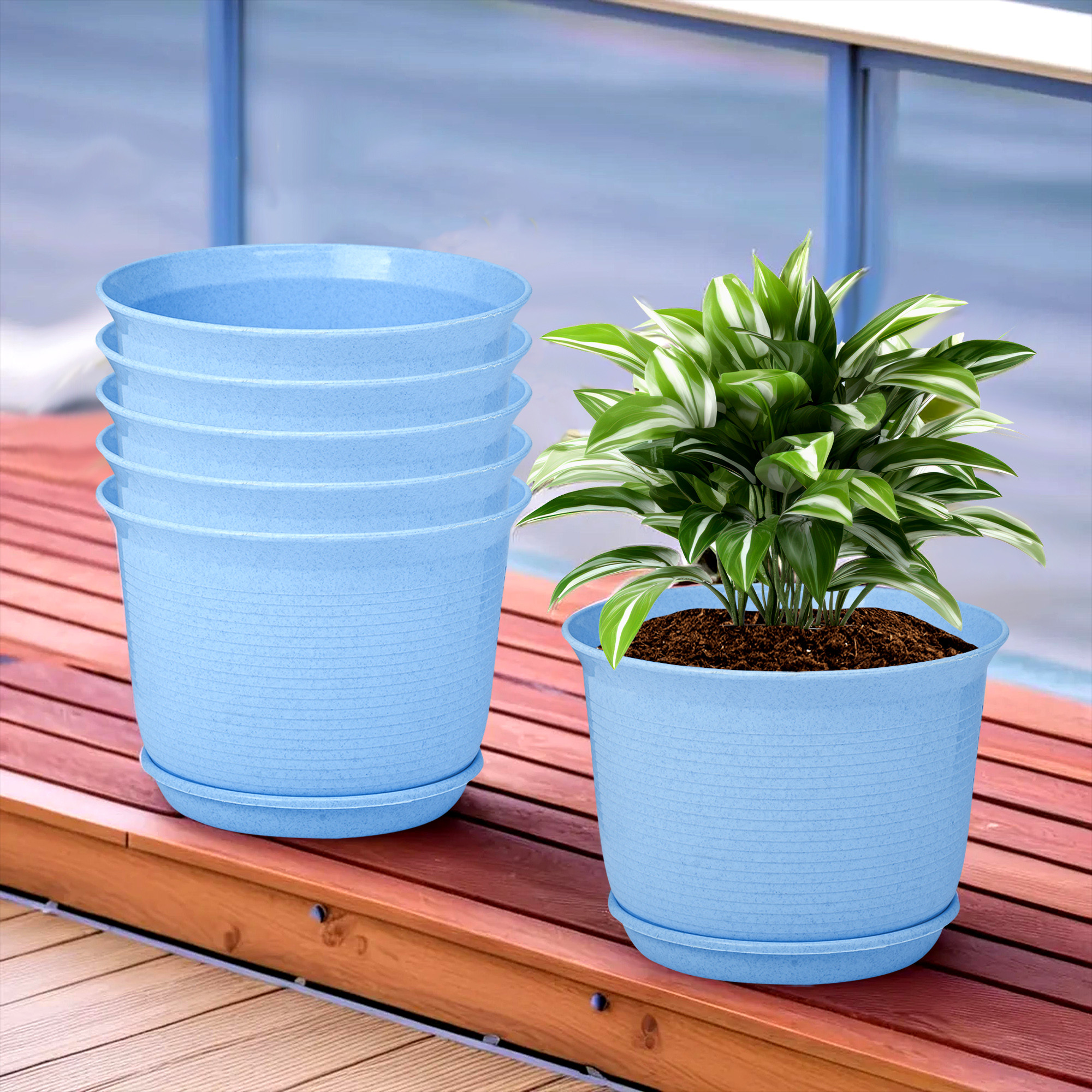 Kuber Industries Flower Pot with Bottom Tray | Flower Pot for Living Room | Planters for Home-Lawns & Gardening | Flower Planter for Balcony | Marble Sawera | 10 Inch | Blue