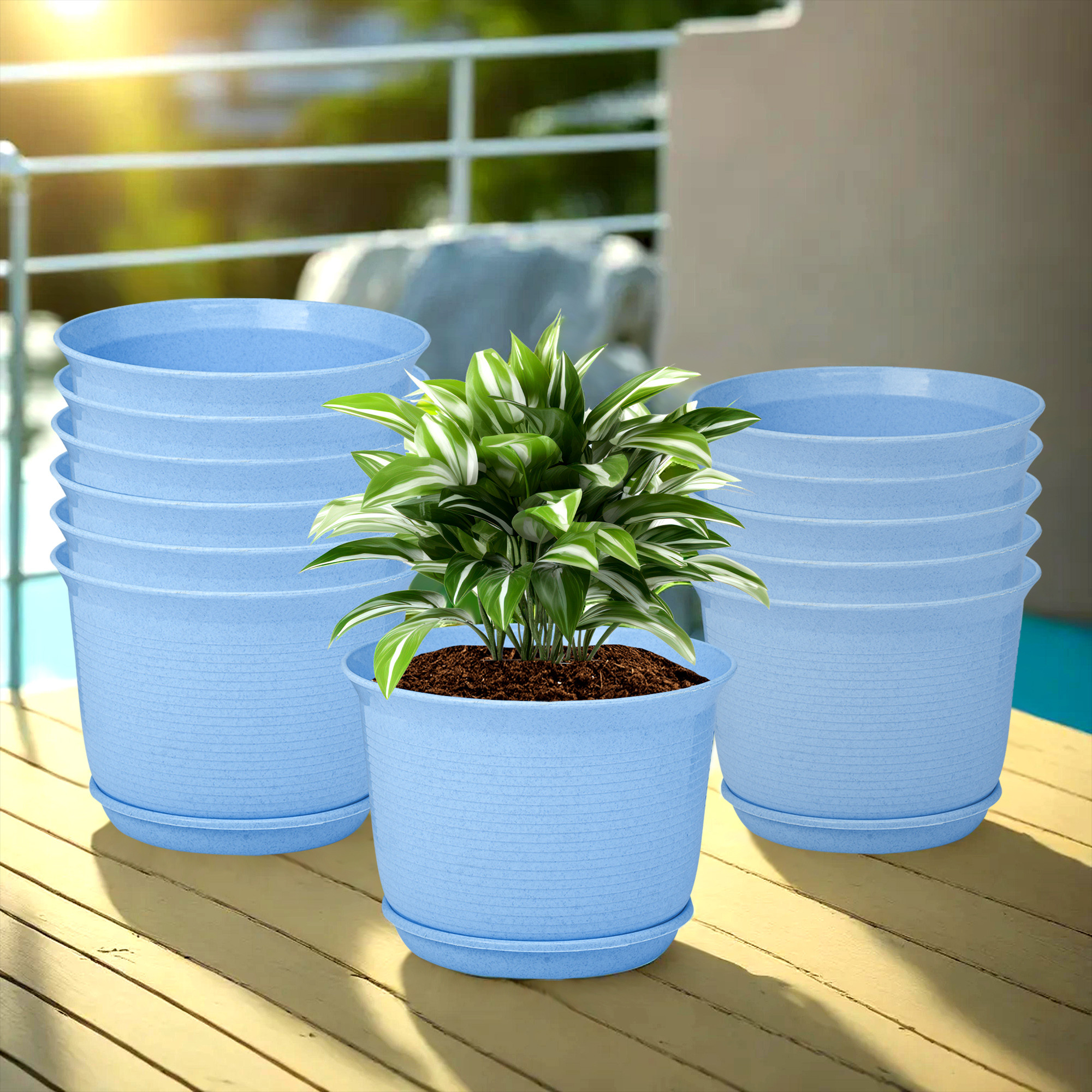 Kuber Industries Flower Pot with Bottom Tray | Flower Pot for Living Room | Planters for Home-Lawns & Gardening | Flower Planter for Balcony | Marble Sawera | 10 Inch | Blue