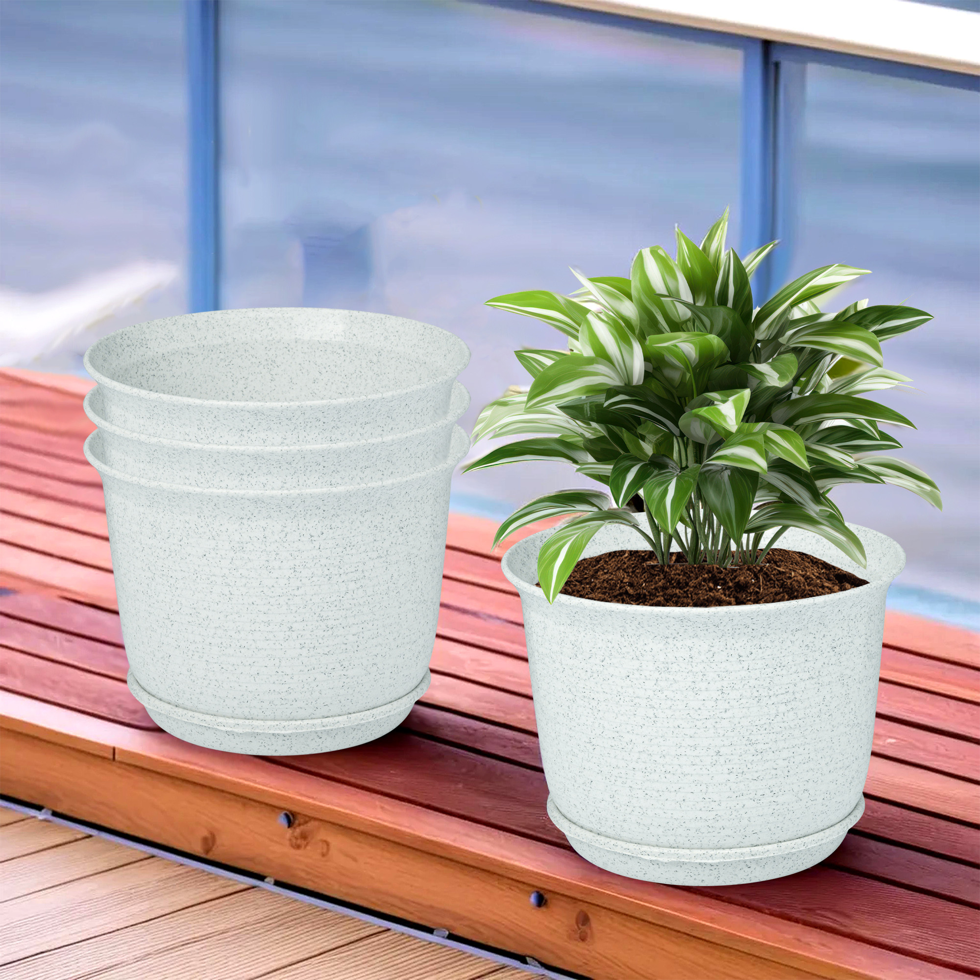 Kuber Industries Flower Pot with Bottom Tray | Flower Pot for Living Room | Planters for Home-Lawns & Gardening | Flower Planter for Balcony | Marble Sawera | 10 Inch | White