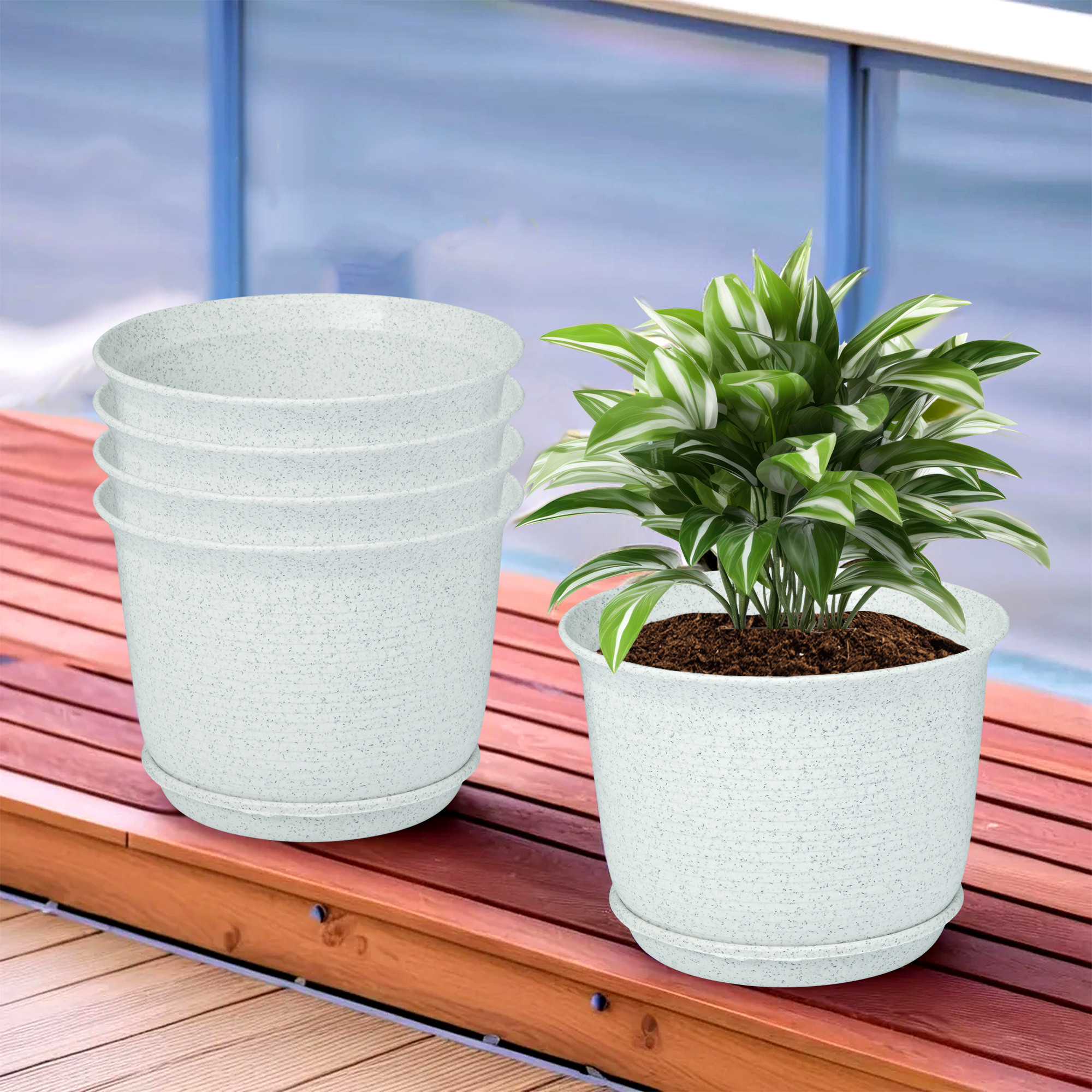 Kuber Industries Flower Pot with Bottom Tray | Flower Pot for Living Room | Planters for Home-Lawns & Gardening | Flower Planter for Balcony | Marble Sawera | 10 Inch | White
