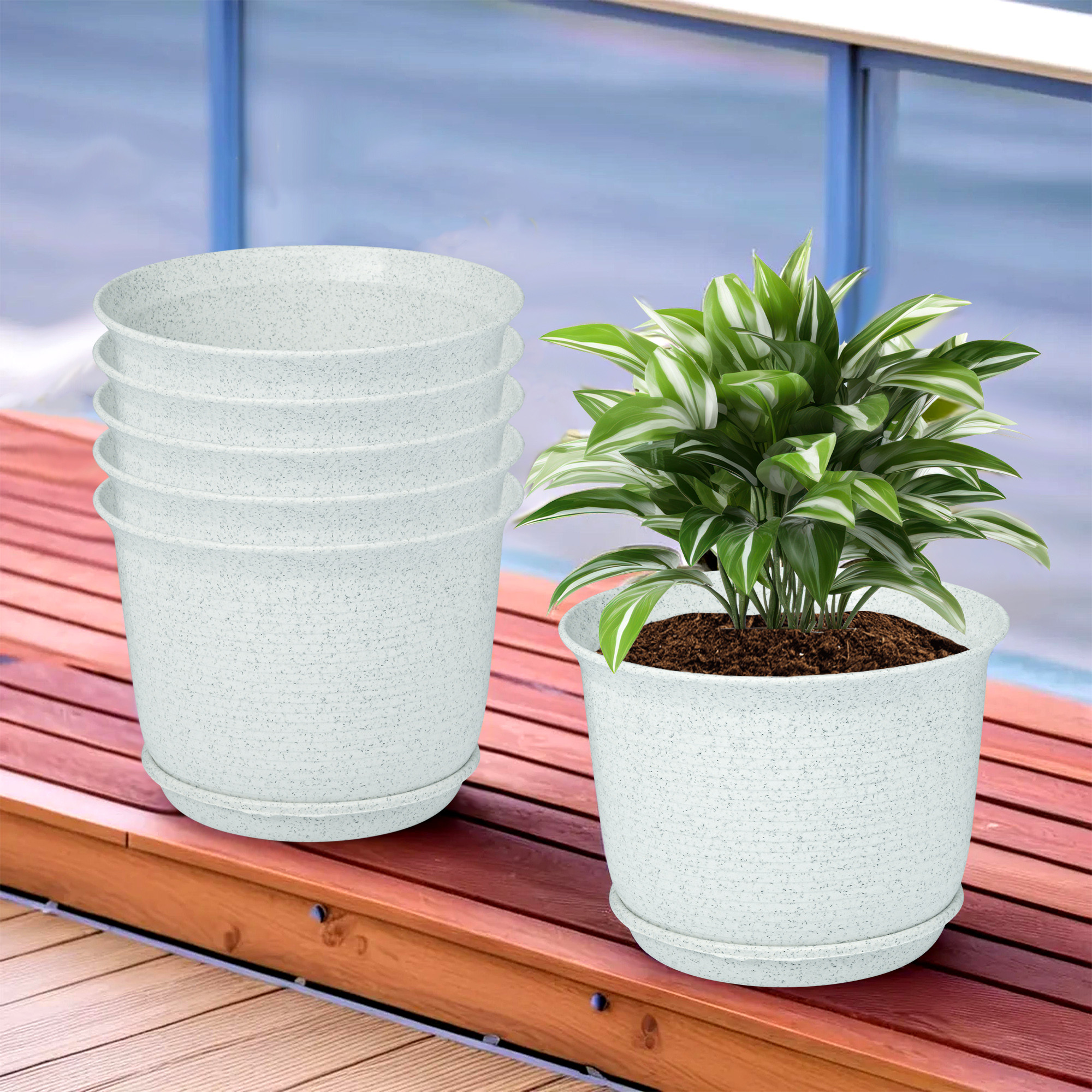 Kuber Industries Flower Pot with Bottom Tray | Flower Pot for Living Room | Planters for Home-Lawns & Gardening | Flower Planter for Balcony | Marble Sawera | 10 Inch | White