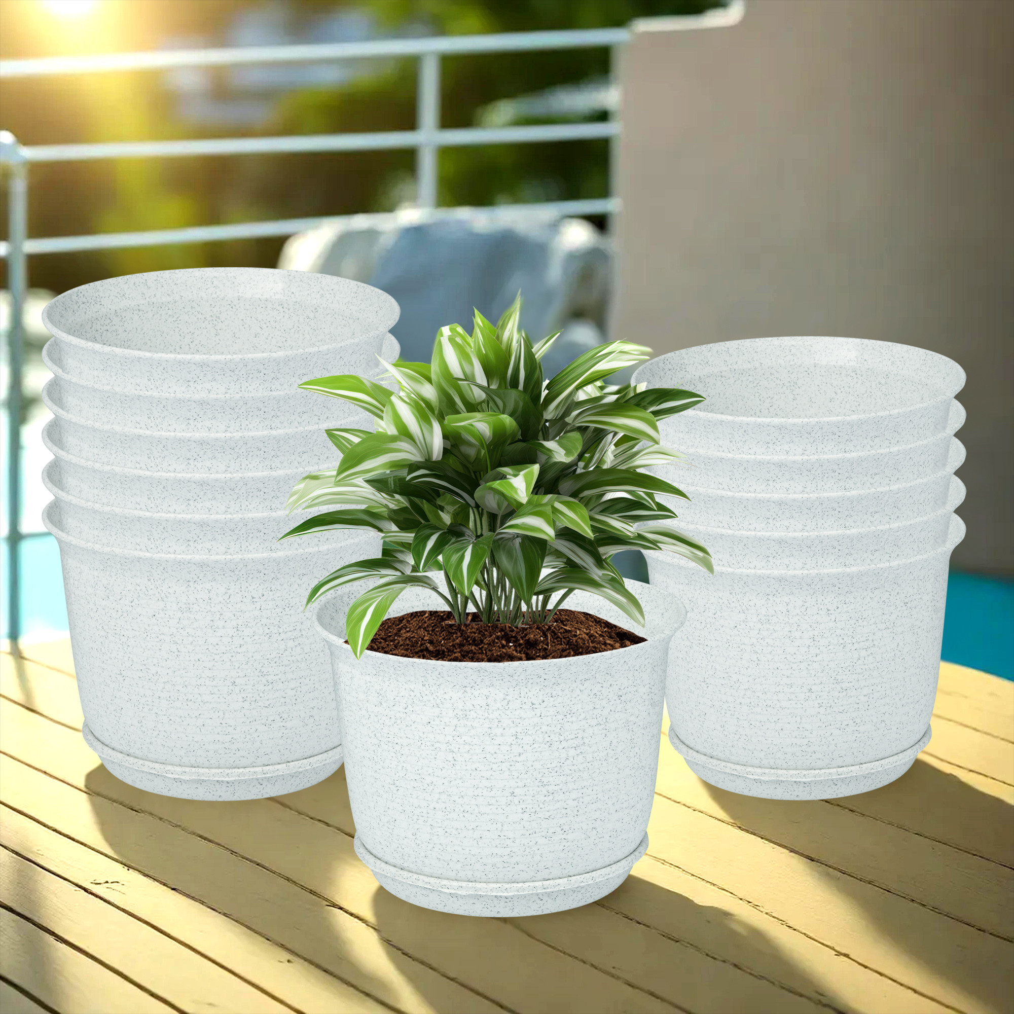 Kuber Industries Flower Pot with Bottom Tray | Flower Pot for Living Room | Planters for Home-Lawns & Gardening | Flower Planter for Balcony | Marble Sawera | 10 Inch | White