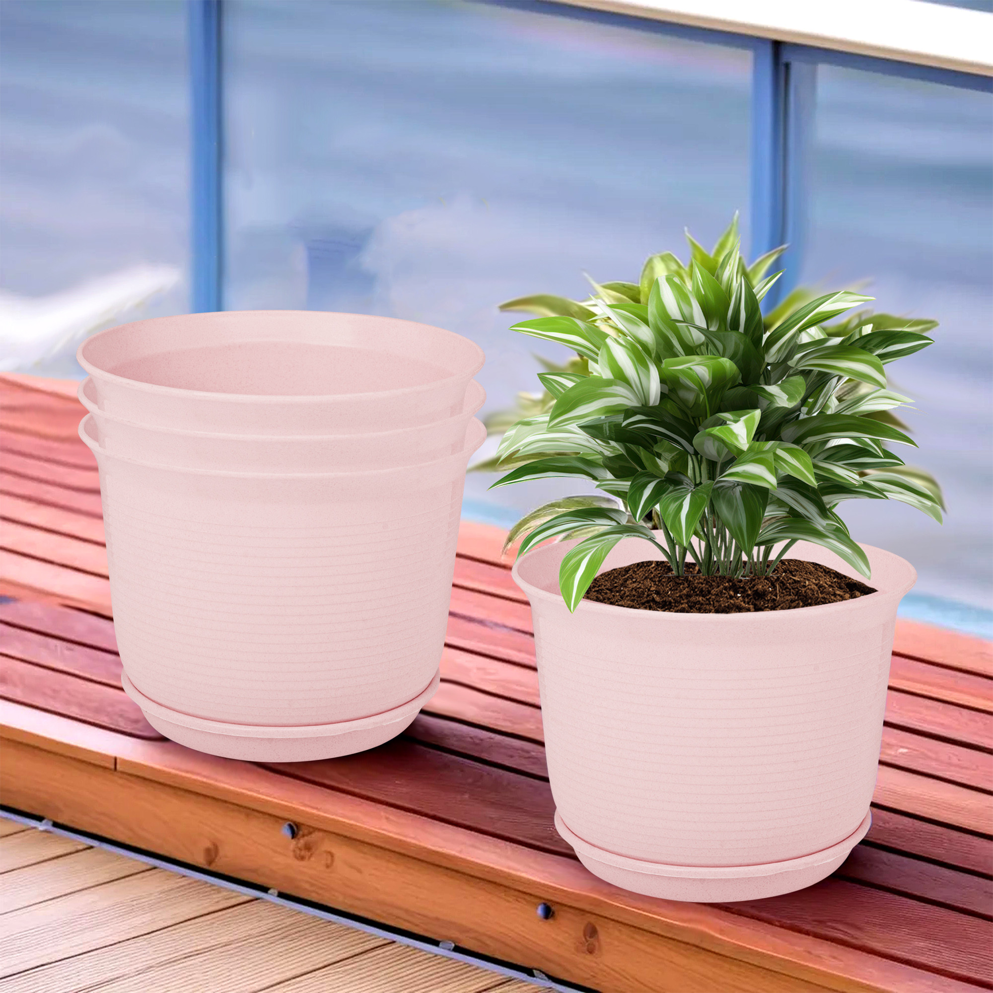 Kuber Industries Flower Pot with Bottom Tray | Flower Pot for Living Room | Planters for Home-Lawns & Gardening | Flower Planter for Balcony | Marble Sawera | 10 Inch | Pink