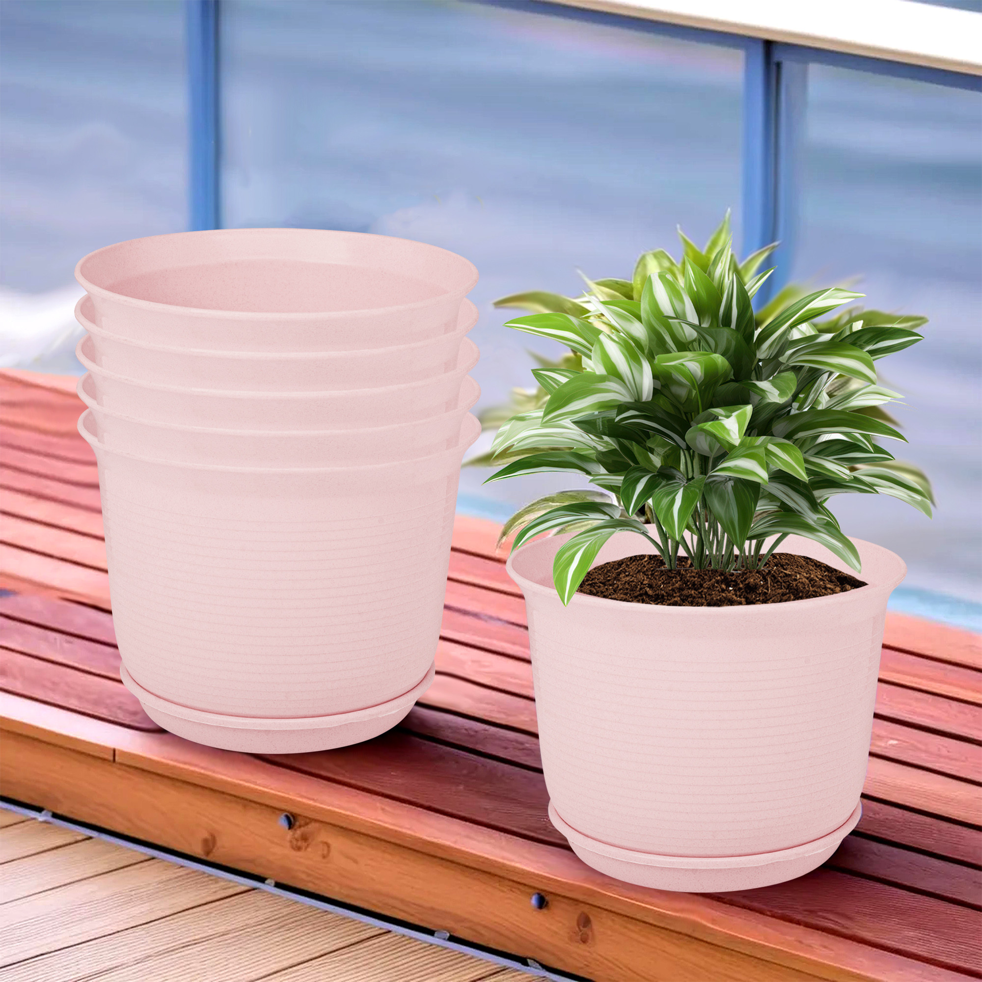 Kuber Industries Flower Pot with Bottom Tray | Flower Pot for Living Room | Planters for Home-Lawns & Gardening | Flower Planter for Balcony | Marble Sawera | 10 Inch | Pink