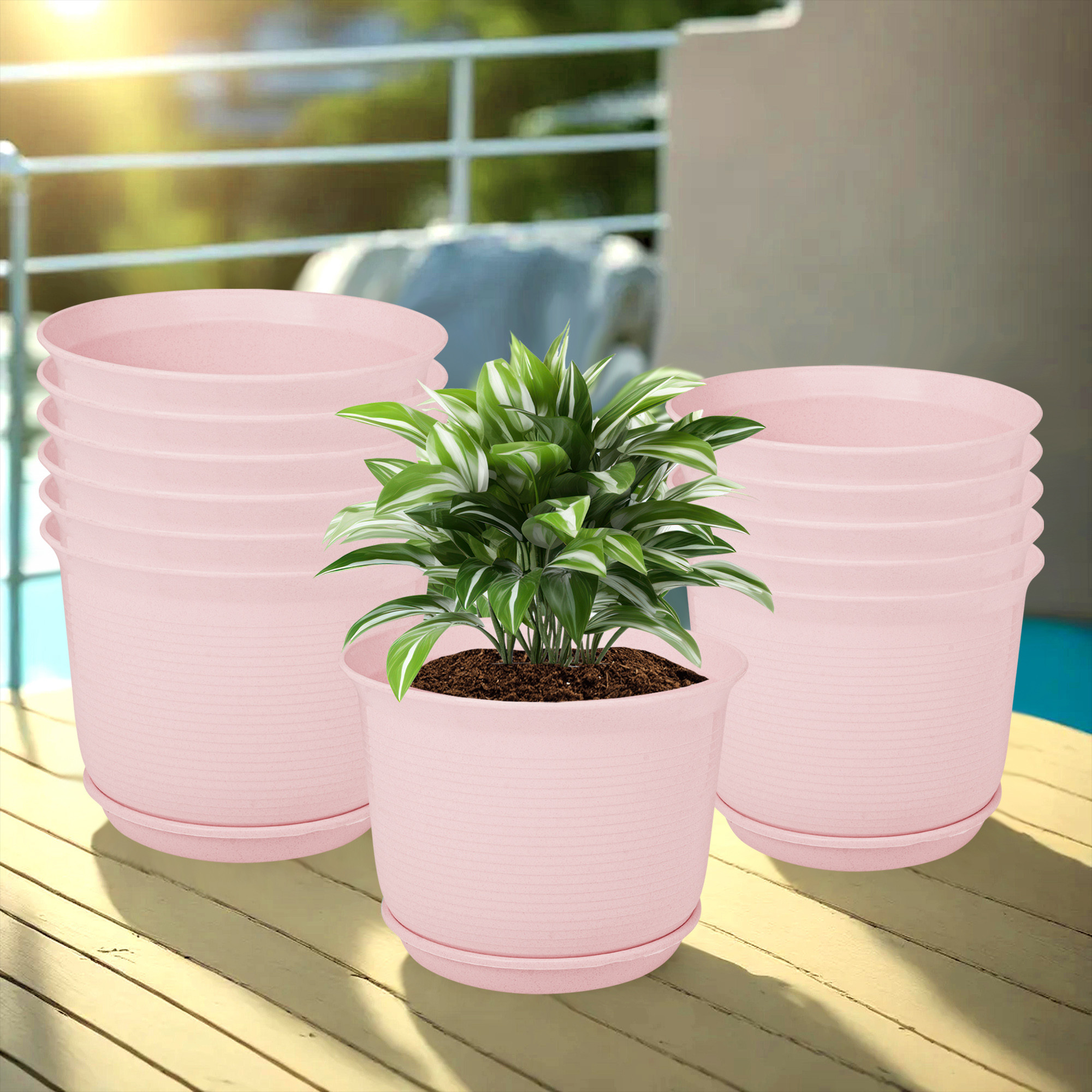 Kuber Industries Flower Pot with Bottom Tray | Flower Pot for Living Room | Planters for Home-Lawns & Gardening | Flower Planter for Balcony | Marble Sawera | 10 Inch | Pink