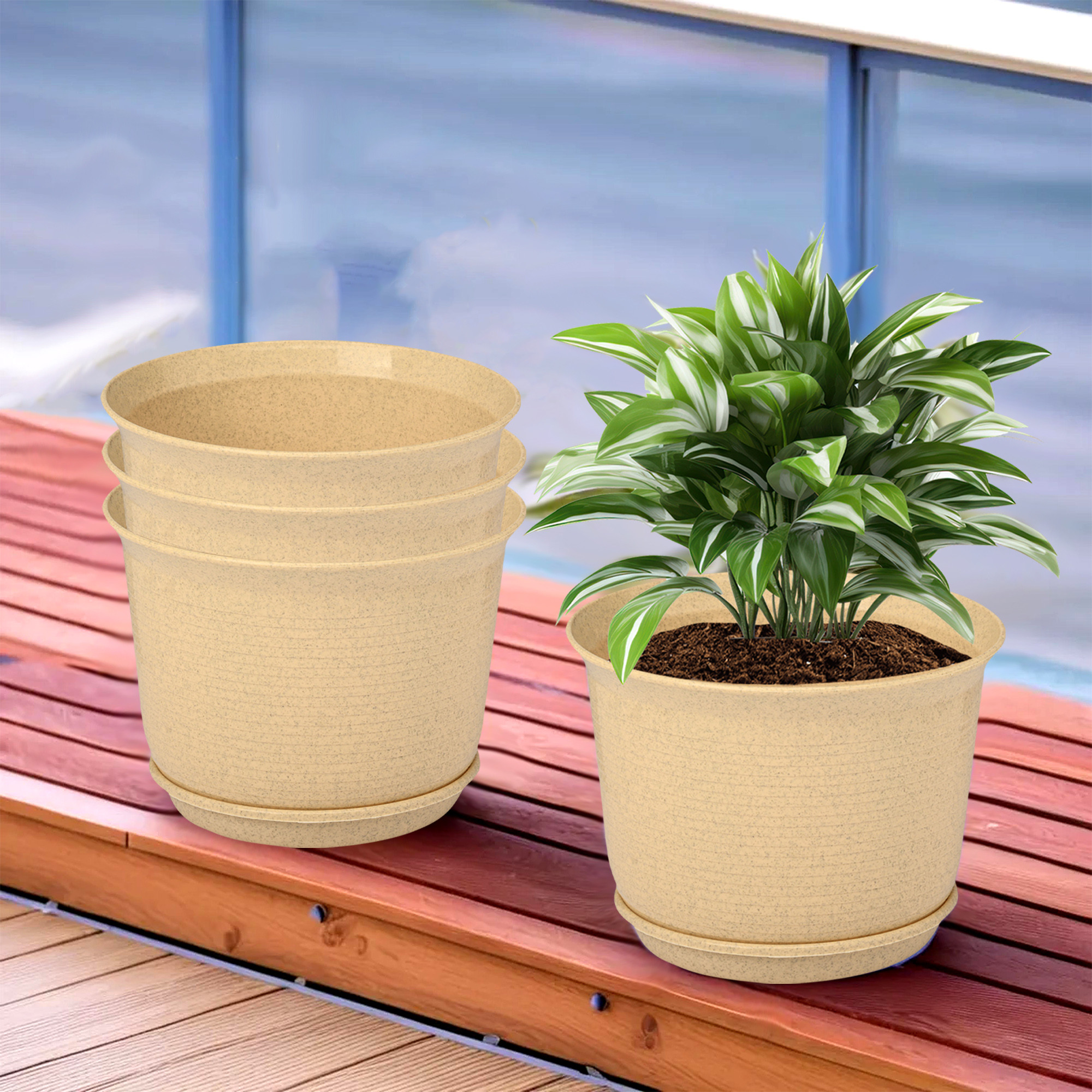 Kuber Industries Flower Pot with Bottom Tray | Flower Pot for Living Room | Planters for Home-Lawns & Gardening | Flower Planter for Balcony | Marble Sawera | 10 Inch | Beige