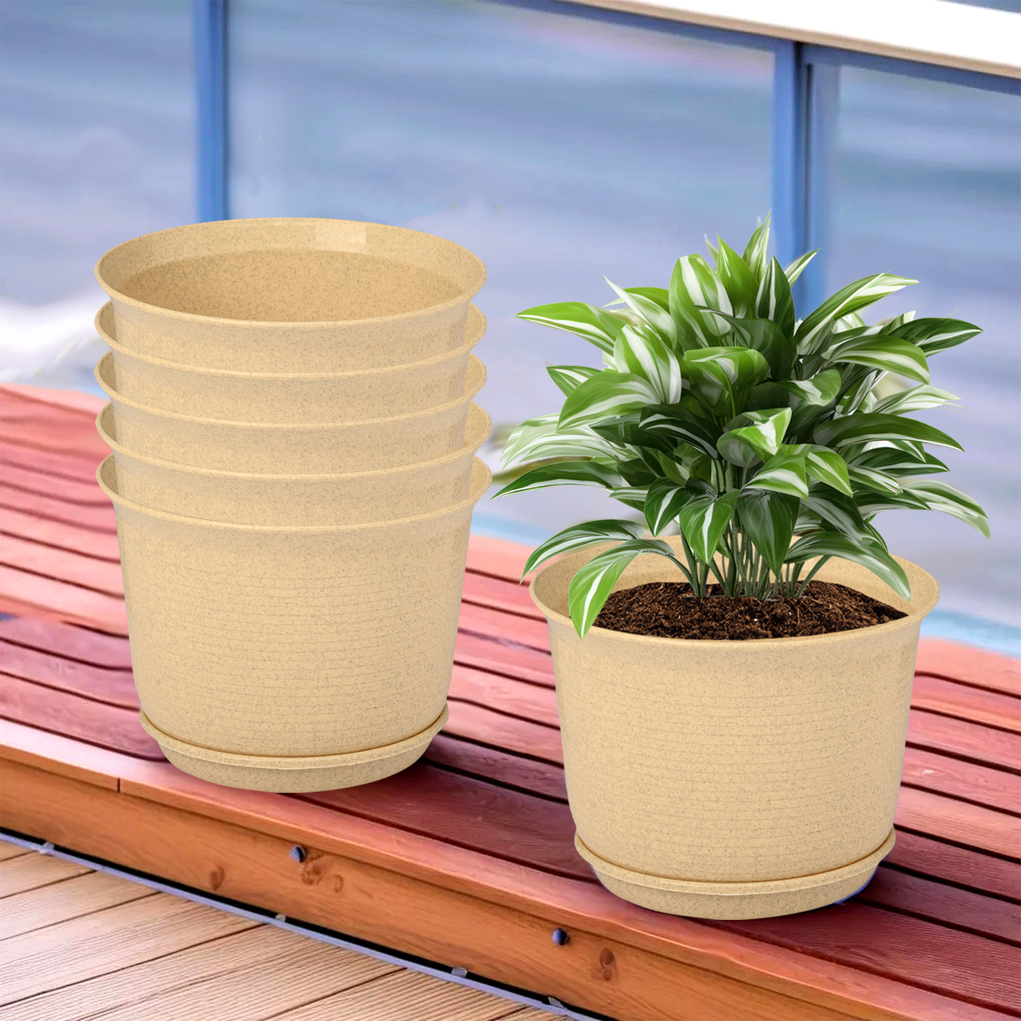 Kuber Industries Flower Pot with Bottom Tray | Flower Pot for Living Room | Planters for Home-Lawns & Gardening | Flower Planter for Balcony | Marble Sawera | 10 Inch | Beige