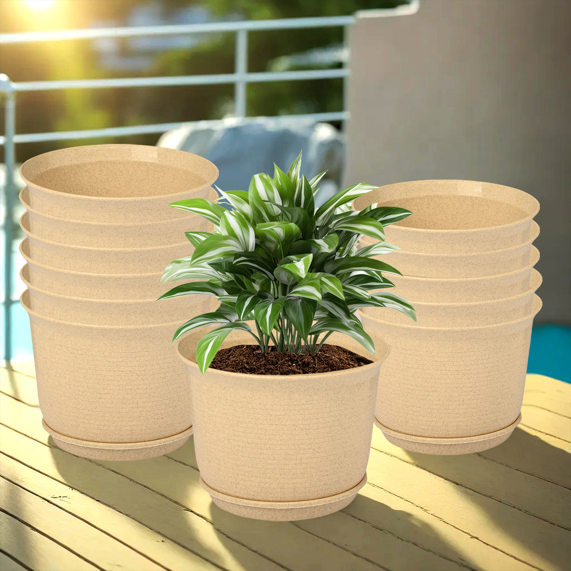 Kuber Industries Flower Pot with Bottom Tray | Flower Pot for Living Room | Planters for Home-Lawns & Gardening | Flower Planter for Balcony | Marble Sawera | 10 Inch | Beige