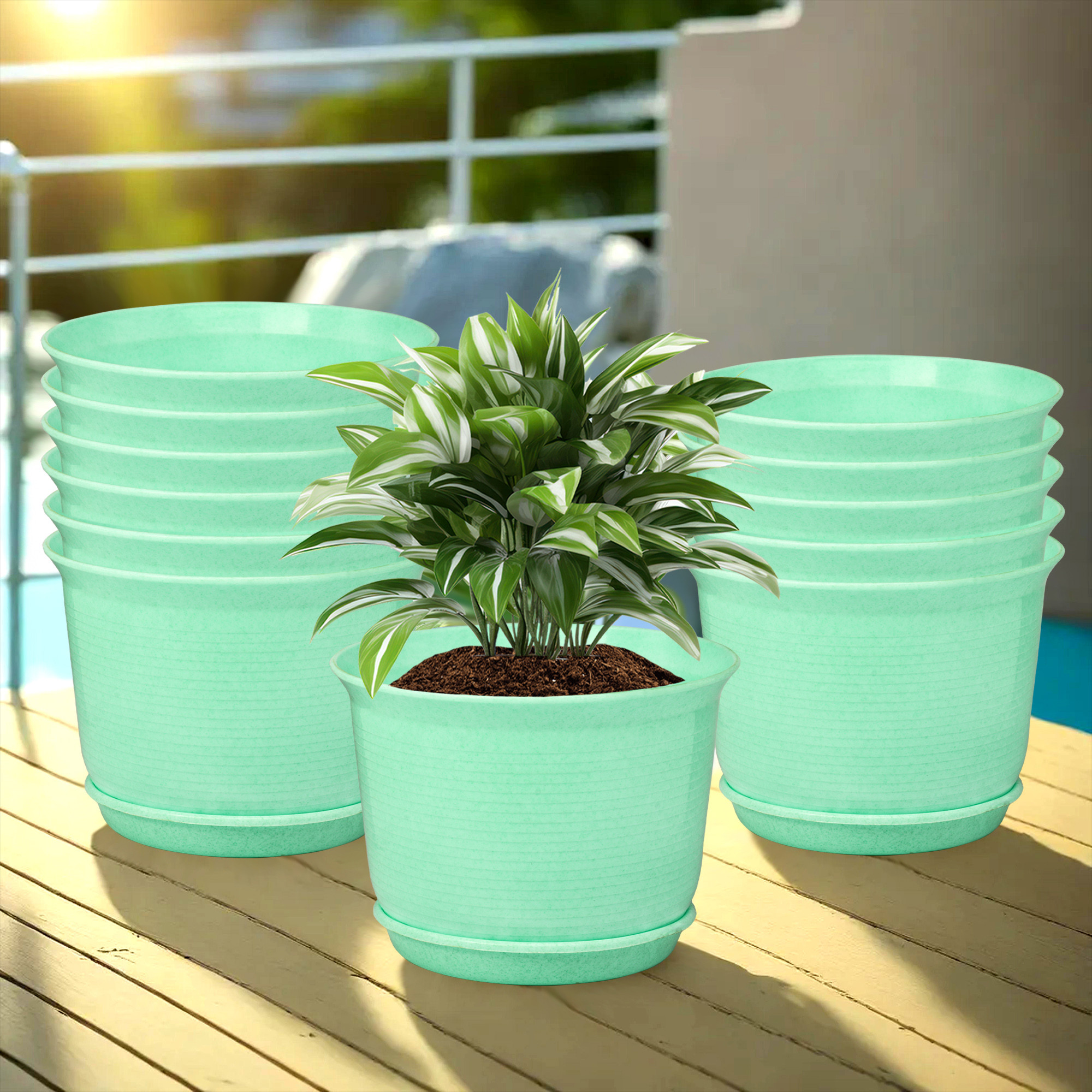 Kuber Industries Flower Pot with Bottom Tray | Flower Pot for Living Room | Planters for Home-Lawns & Gardening | Flower Planter for Balcony | Marble Sawera | 10 Inch | Green