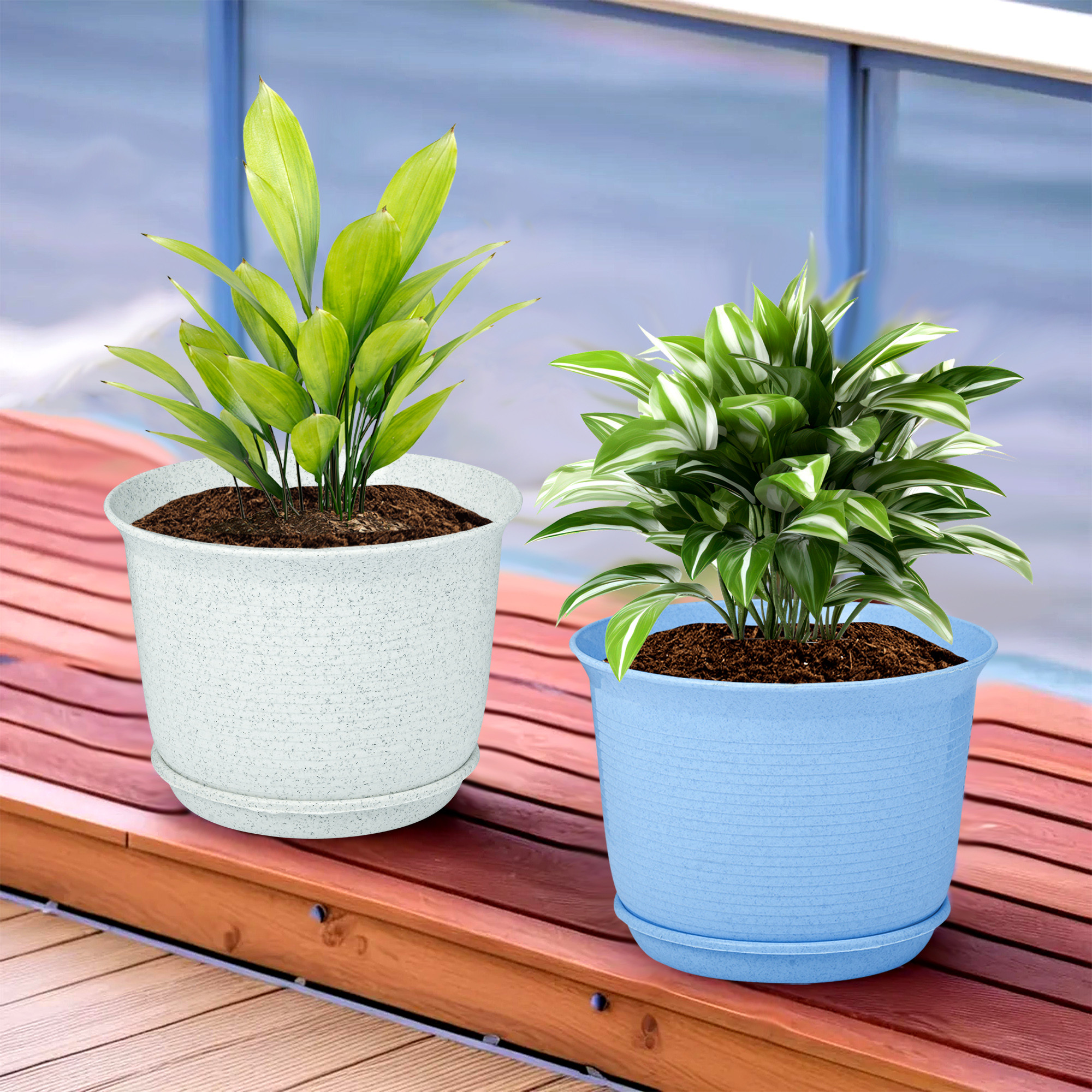 Kuber Industries Flower Pot with Bottom Tray | Flower Pot for Living Room | Planters for Home-Lawns & Gardening | Flower Planter for Balcony | Marble Sawera | 10 Inch | Blue & White