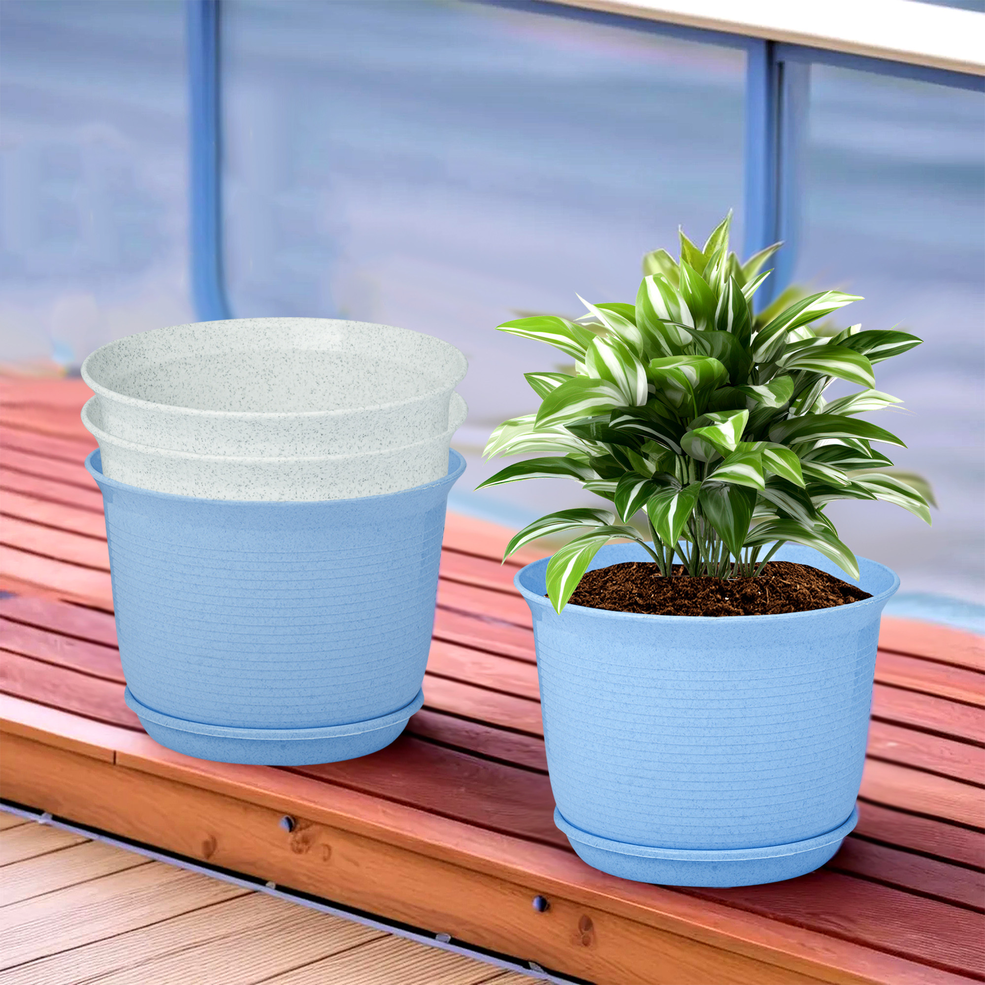 Kuber Industries Flower Pot with Bottom Tray | Flower Pot for Living Room | Planters for Home-Lawns & Gardening | Flower Planter for Balcony | Marble Sawera | 10 Inch | Blue & White