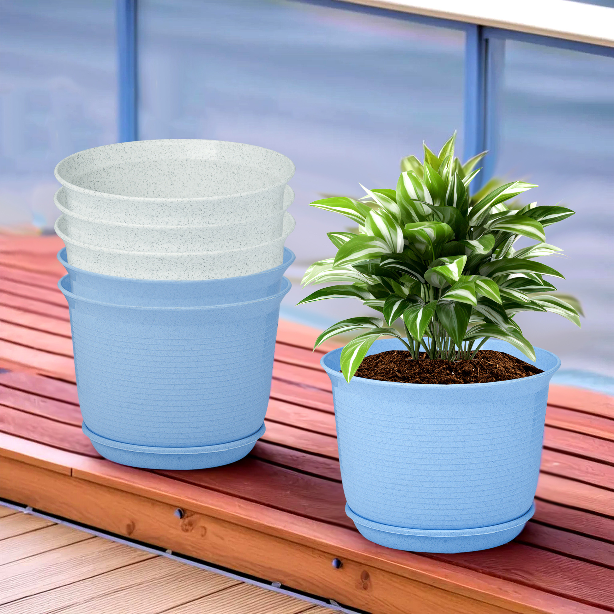 Kuber Industries Flower Pot with Bottom Tray | Flower Pot for Living Room | Planters for Home-Lawns & Gardening | Flower Planter for Balcony | Marble Sawera | 10 Inch | Blue & White
