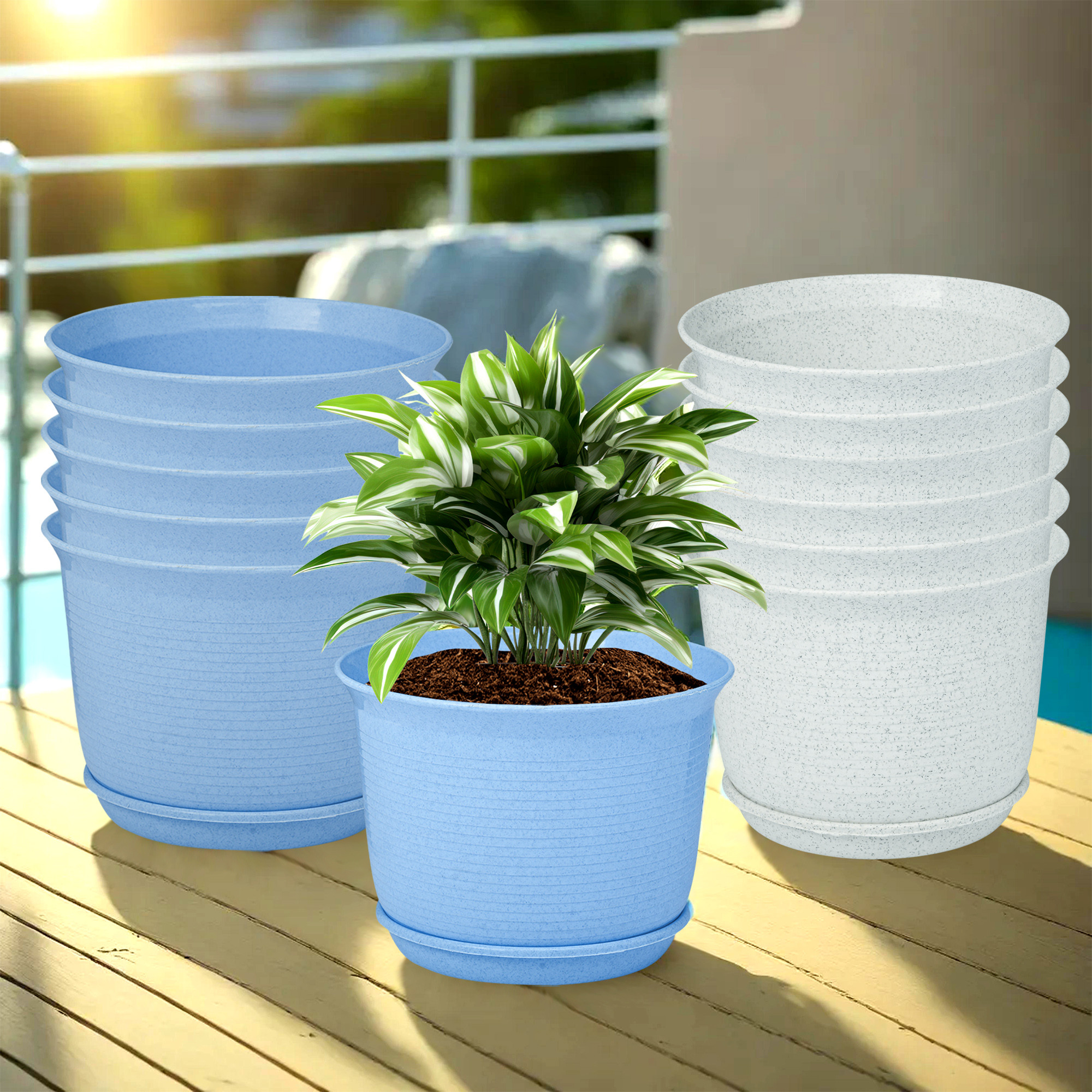 Kuber Industries Flower Pot with Bottom Tray | Flower Pot for Living Room | Planters for Home-Lawns & Gardening | Flower Planter for Balcony | Marble Sawera | 10 Inch | Blue & White