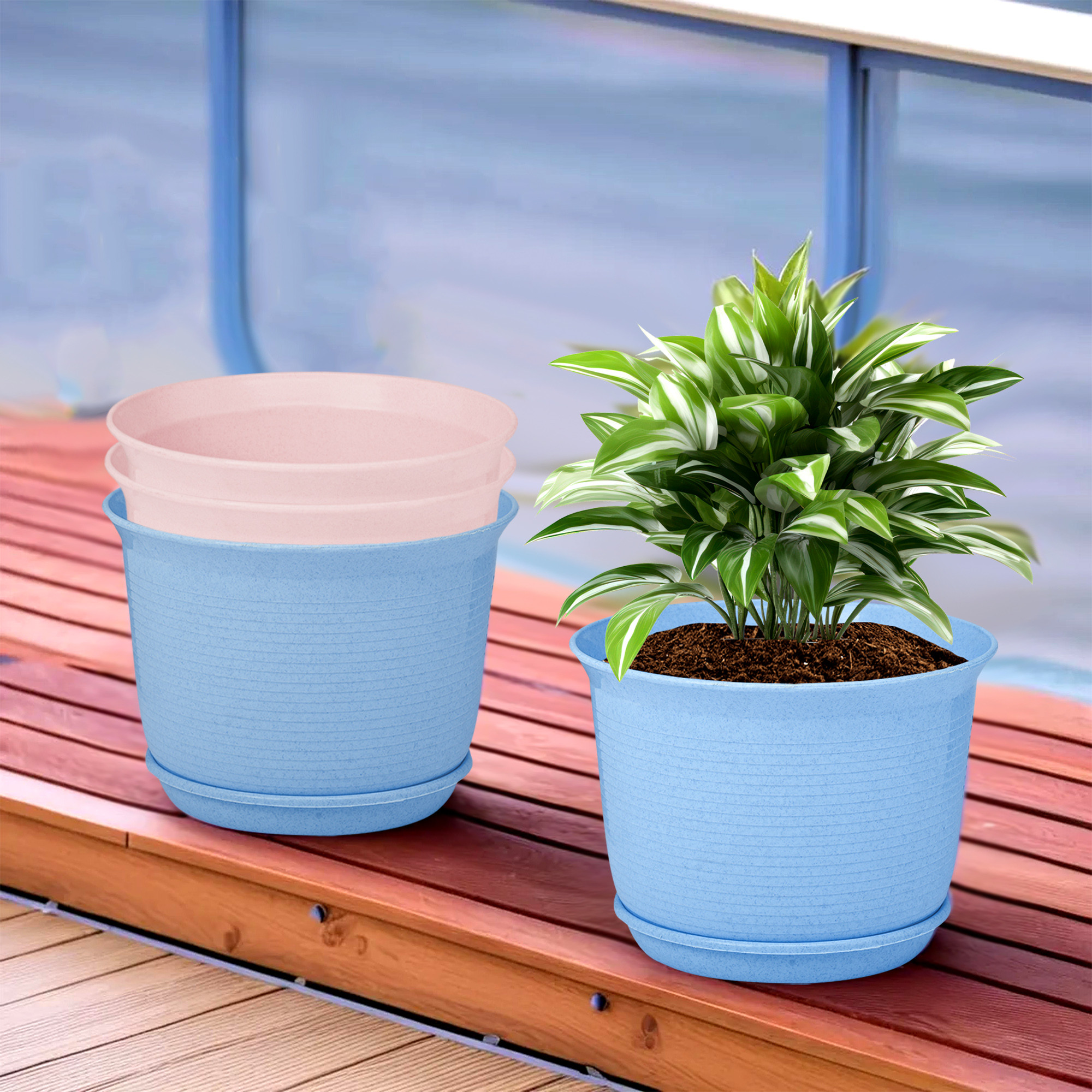 Kuber Industries Flower Pot with Bottom Tray | Flower Pot for Living Room | Planters for Home-Lawns & Gardening | Flower Planter for Balcony | Marble Sawera | 10 Inch | Blue & Pink