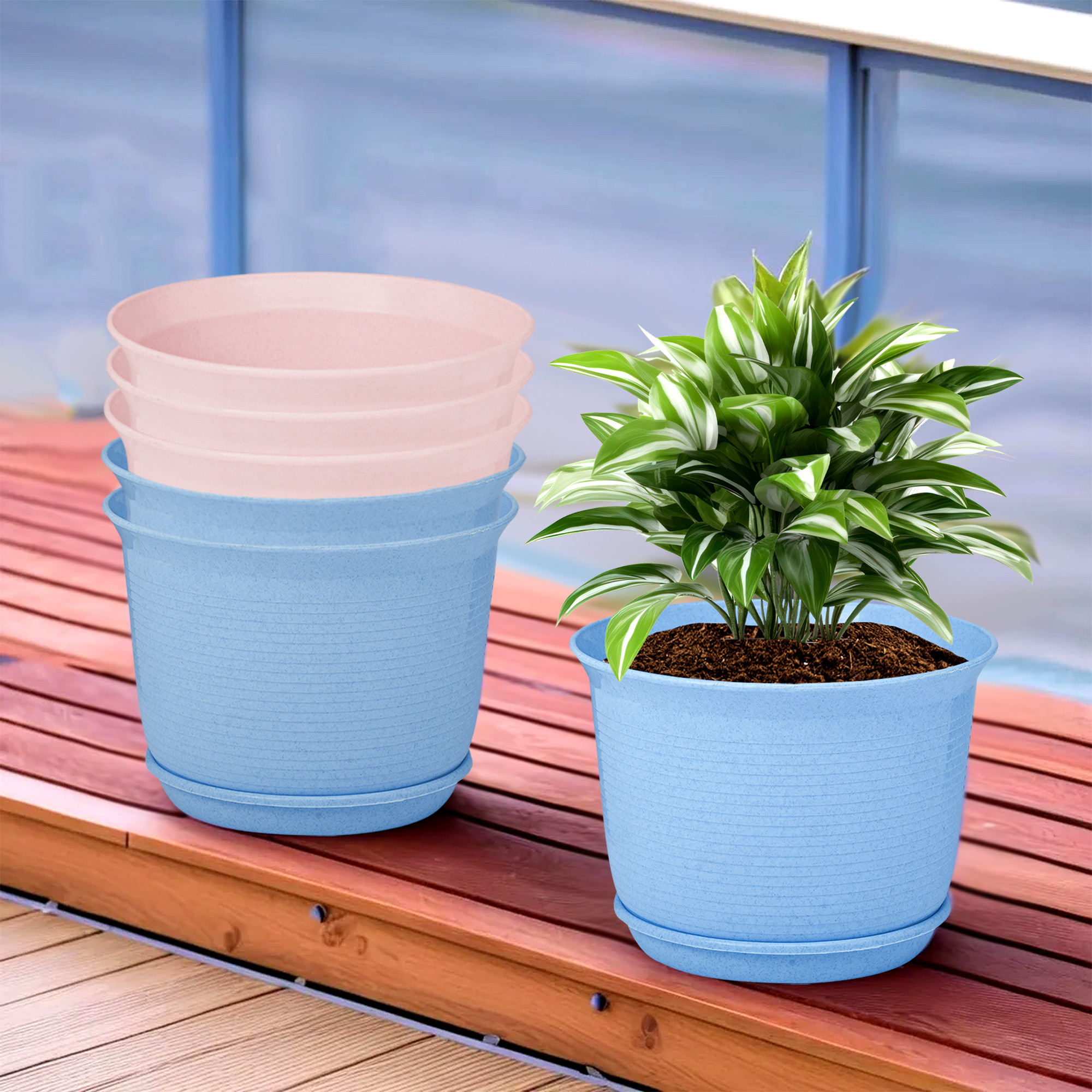 Kuber Industries Flower Pot with Bottom Tray | Flower Pot for Living Room | Planters for Home-Lawns & Gardening | Flower Planter for Balcony | Marble Sawera | 10 Inch | Blue & Pink