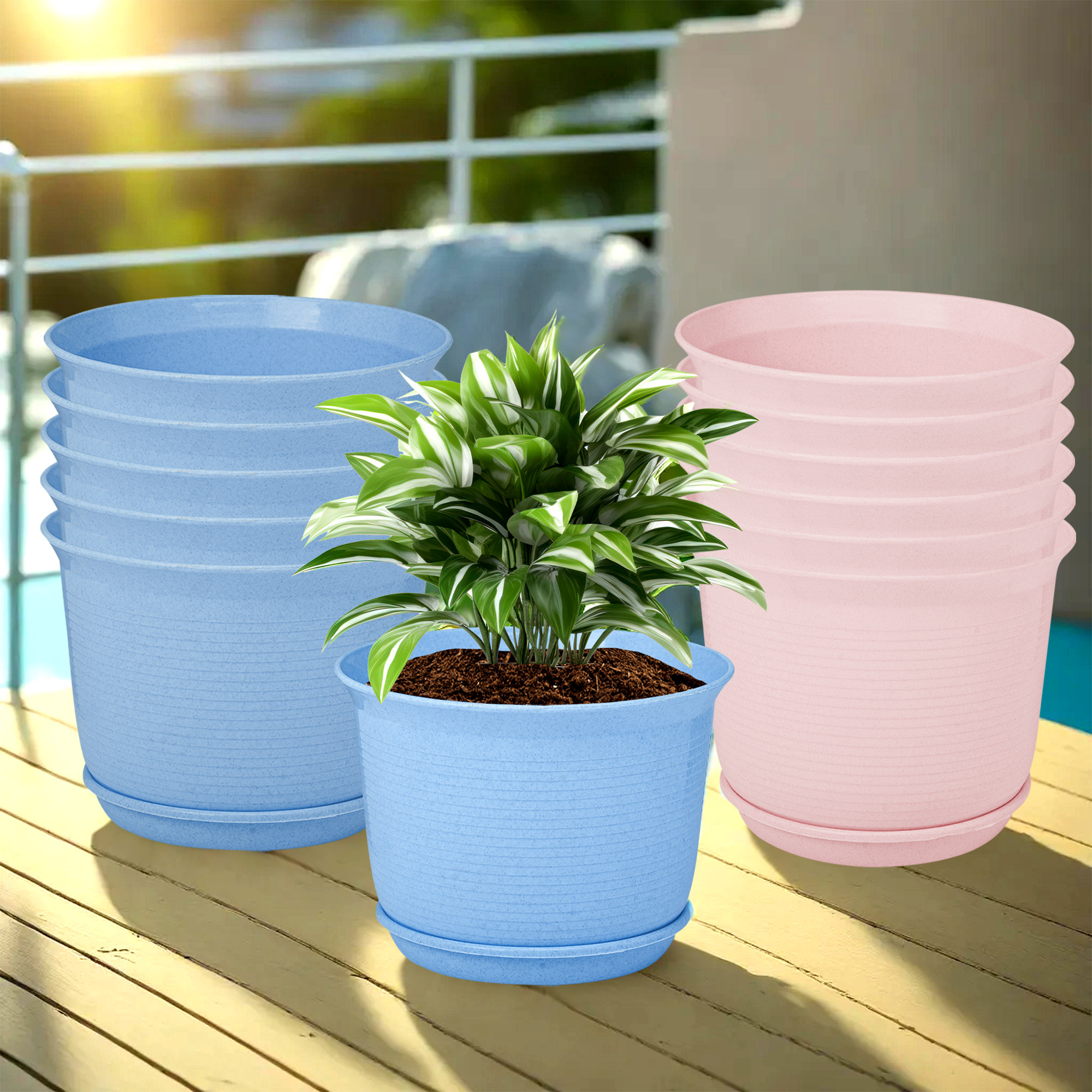 Kuber Industries Flower Pot with Bottom Tray | Flower Pot for Living Room | Planters for Home-Lawns & Gardening | Flower Planter for Balcony | Marble Sawera | 10 Inch | Blue & Pink