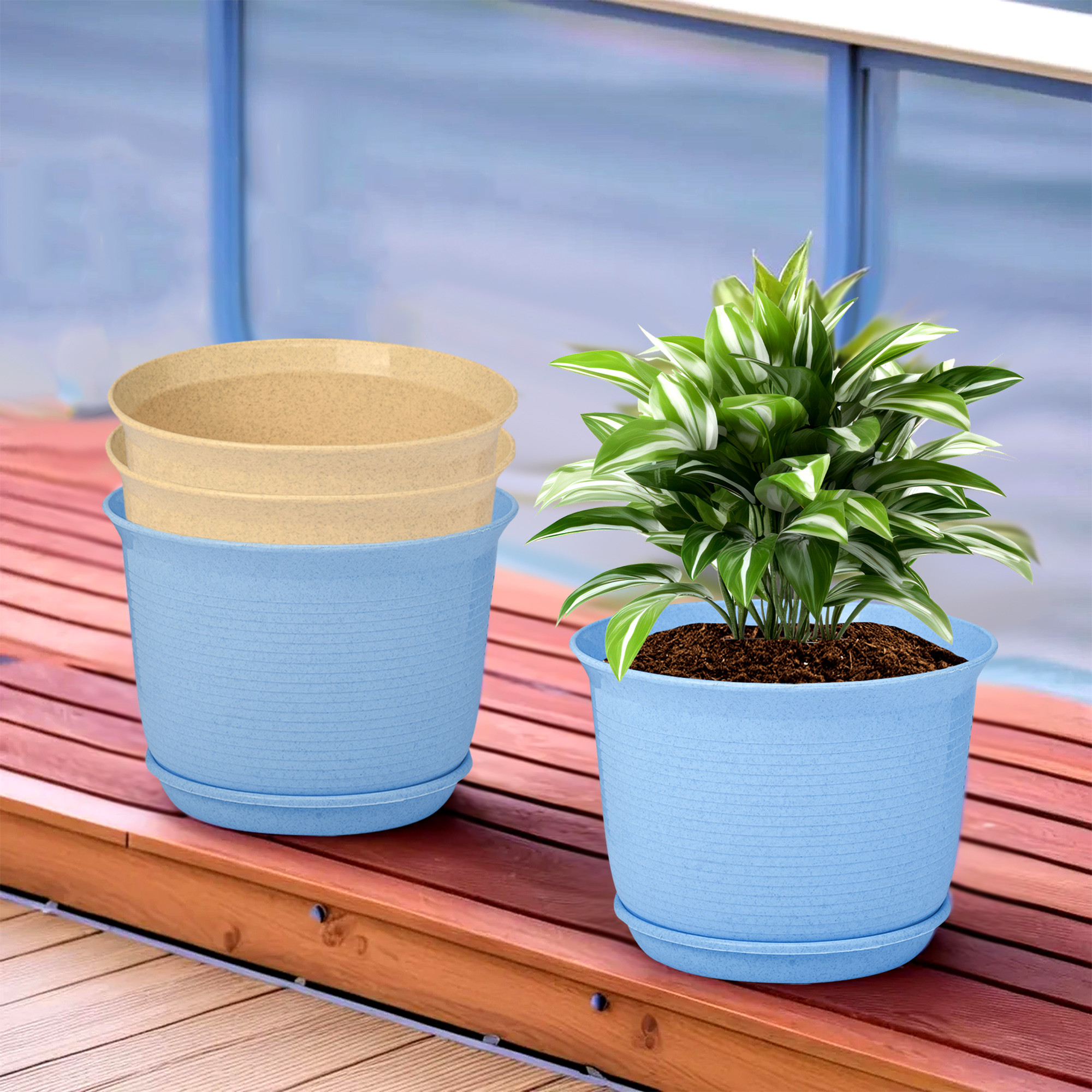 Kuber Industries Flower Pot with Bottom Tray | Flower Pot for Living Room | Planters for Home-Lawns & Gardening | Flower Planter for Balcony | Marble Sawera | 10 Inch | Blue & Beige