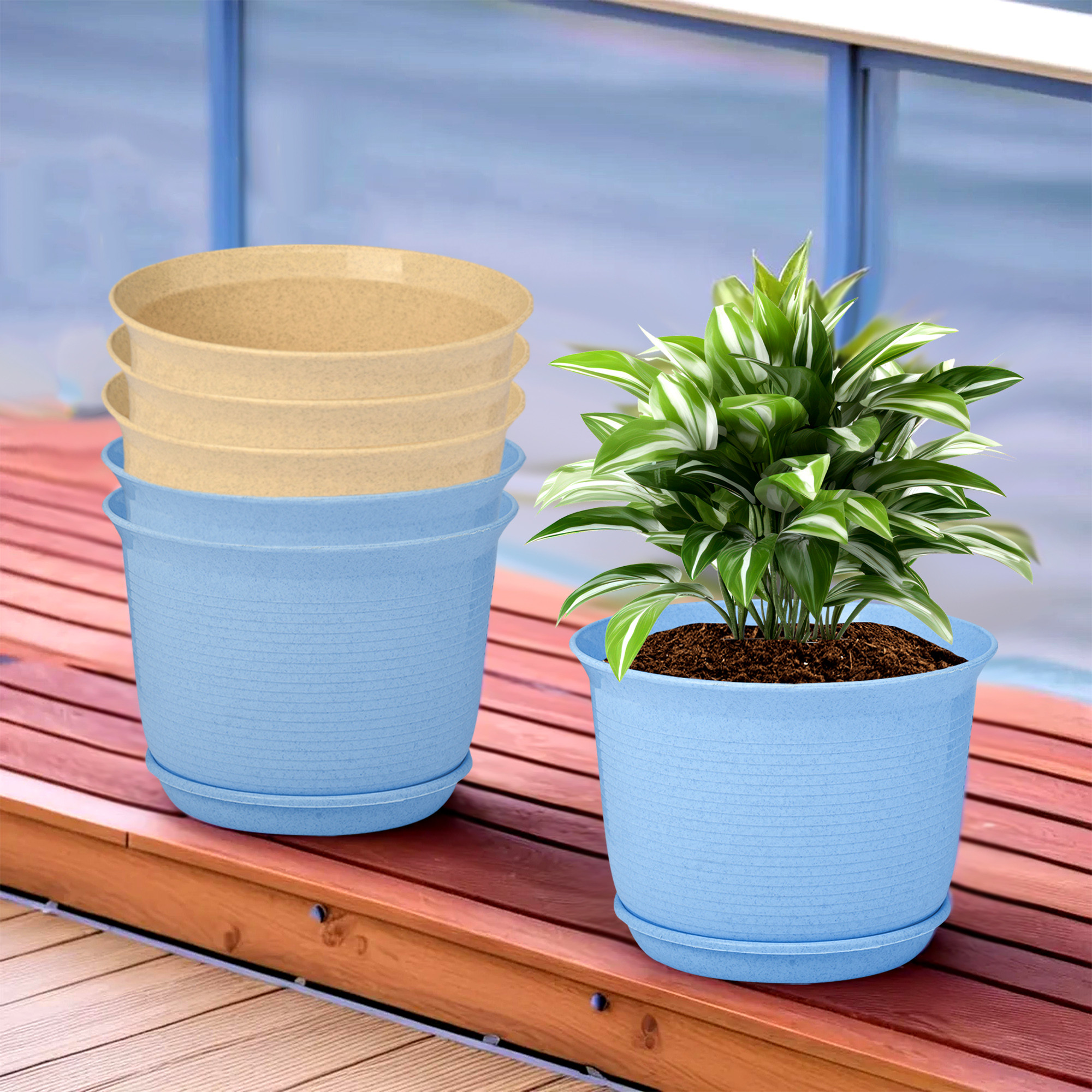 Kuber Industries Flower Pot with Bottom Tray | Flower Pot for Living Room | Planters for Home-Lawns & Gardening | Flower Planter for Balcony | Marble Sawera | 10 Inch | Blue & Beige
