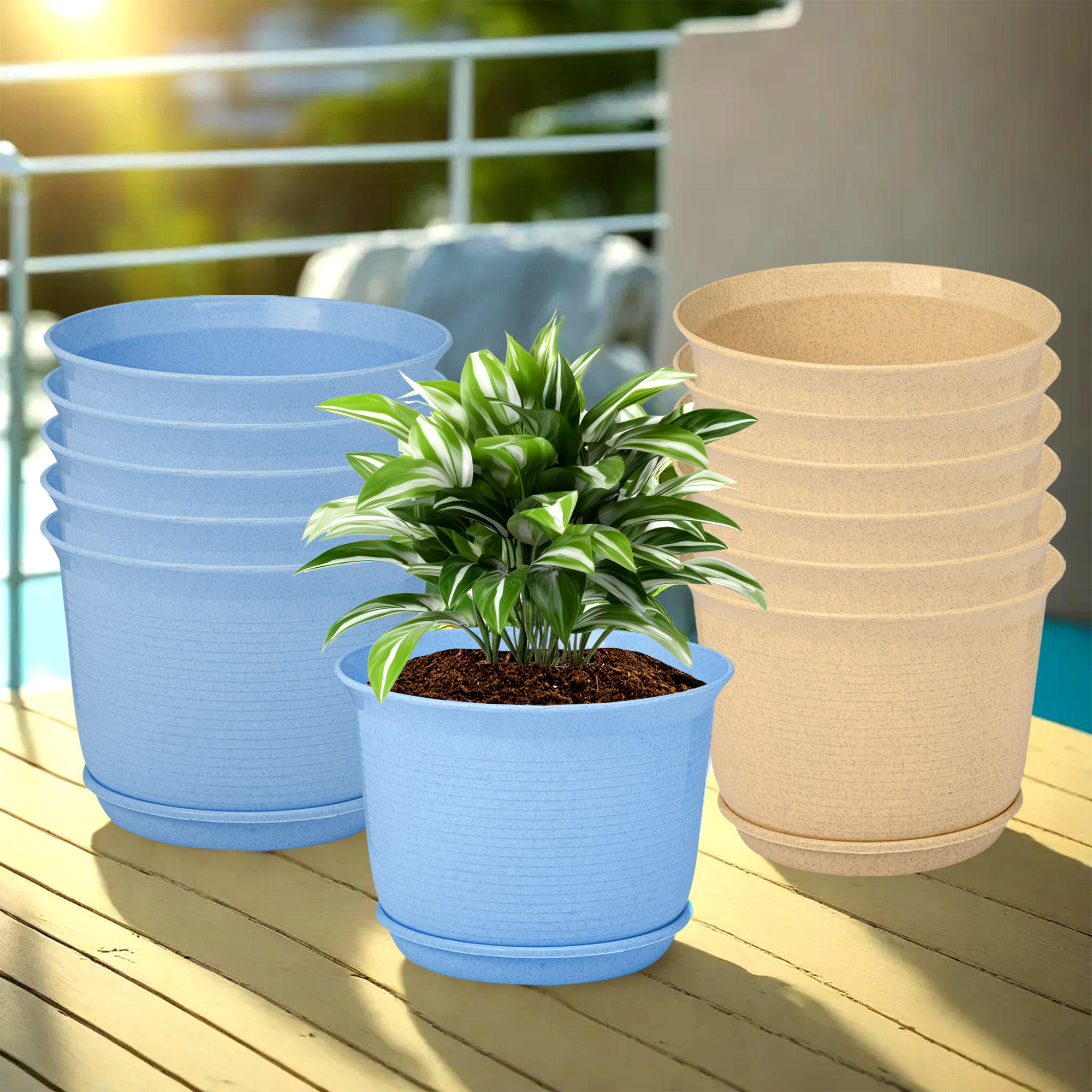 Kuber Industries Flower Pot with Bottom Tray | Flower Pot for Living Room | Planters for Home-Lawns & Gardening | Flower Planter for Balcony | Marble Sawera | 10 Inch | Blue & Beige