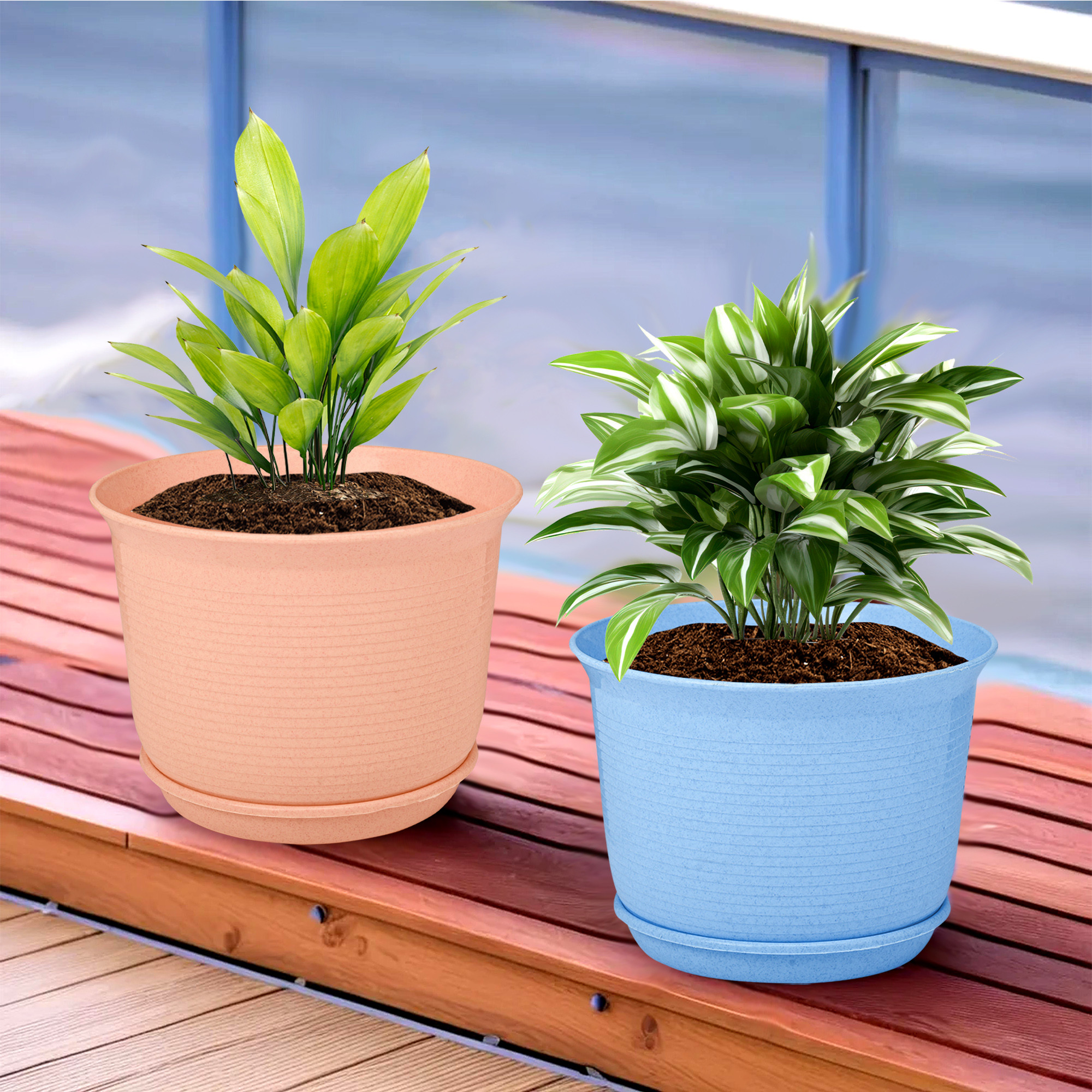 Kuber Industries Flower Pot with Bottom Tray | Flower Pot for Living Room | Planters for Home-Lawns & Gardening | Flower Planter for Balcony | Marble Sawera | 10 Inch | Blue & Peach